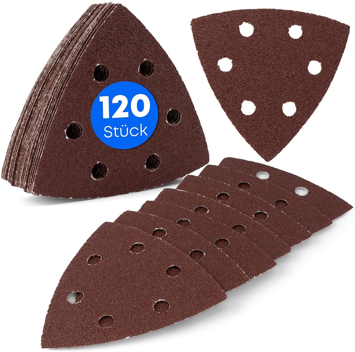 120 stuks Delta schuurdriehoeken / 6 gaten / 93 x 93 x 93 mm / 20 x korrel 40-60 - 80-120 - 180-240 - voor deltaschuurmachines / schuurbladen