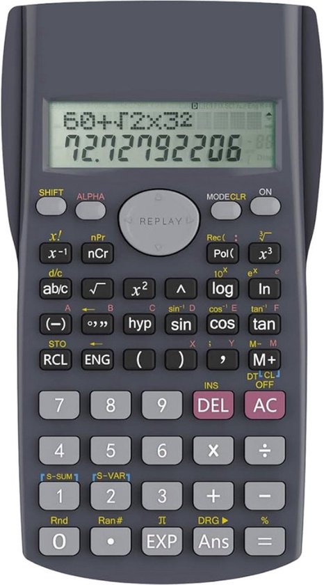 Zwarte wetenschappelijke rekenmachine met een display dat '72.72792206' toont.