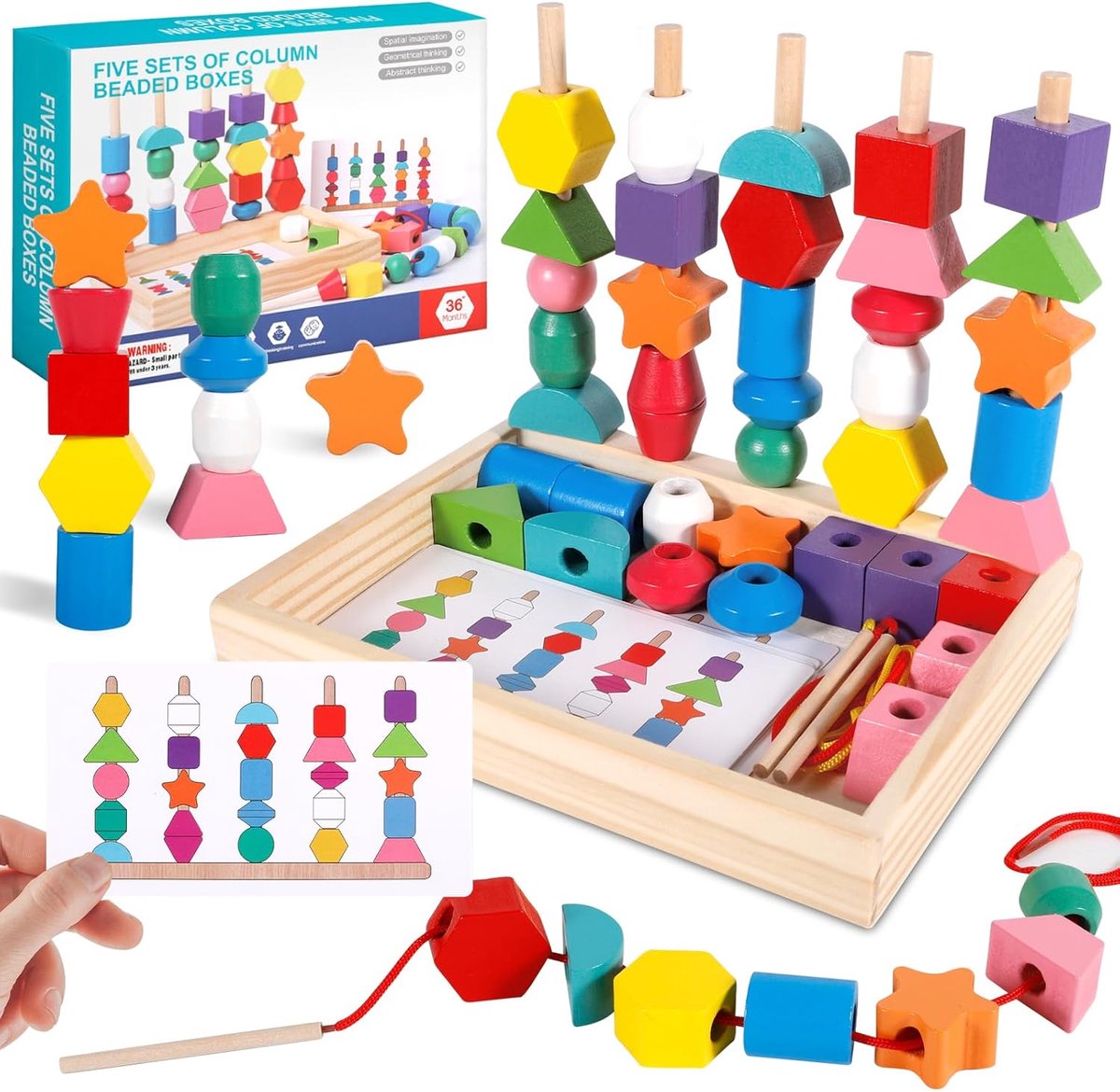 3-in-1 speelgoed van houten veters, rijgspel, stapelspeelgoed, sorteerspel, met kaarten en opbergdoos, Montessori-speelgoed -5 jaar, educatief speelgoed, cadeaus voor jongens en meisjes