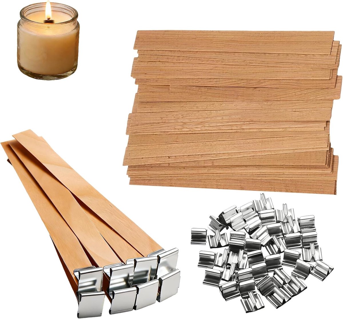 Lonten van hout met 25 metalen houders, houten lonten 12,7 cm, verstelbaar, voor het maken van geurkaarsen, doe-het-zelf accessoires voor sojawas, bijenwas en paraffine