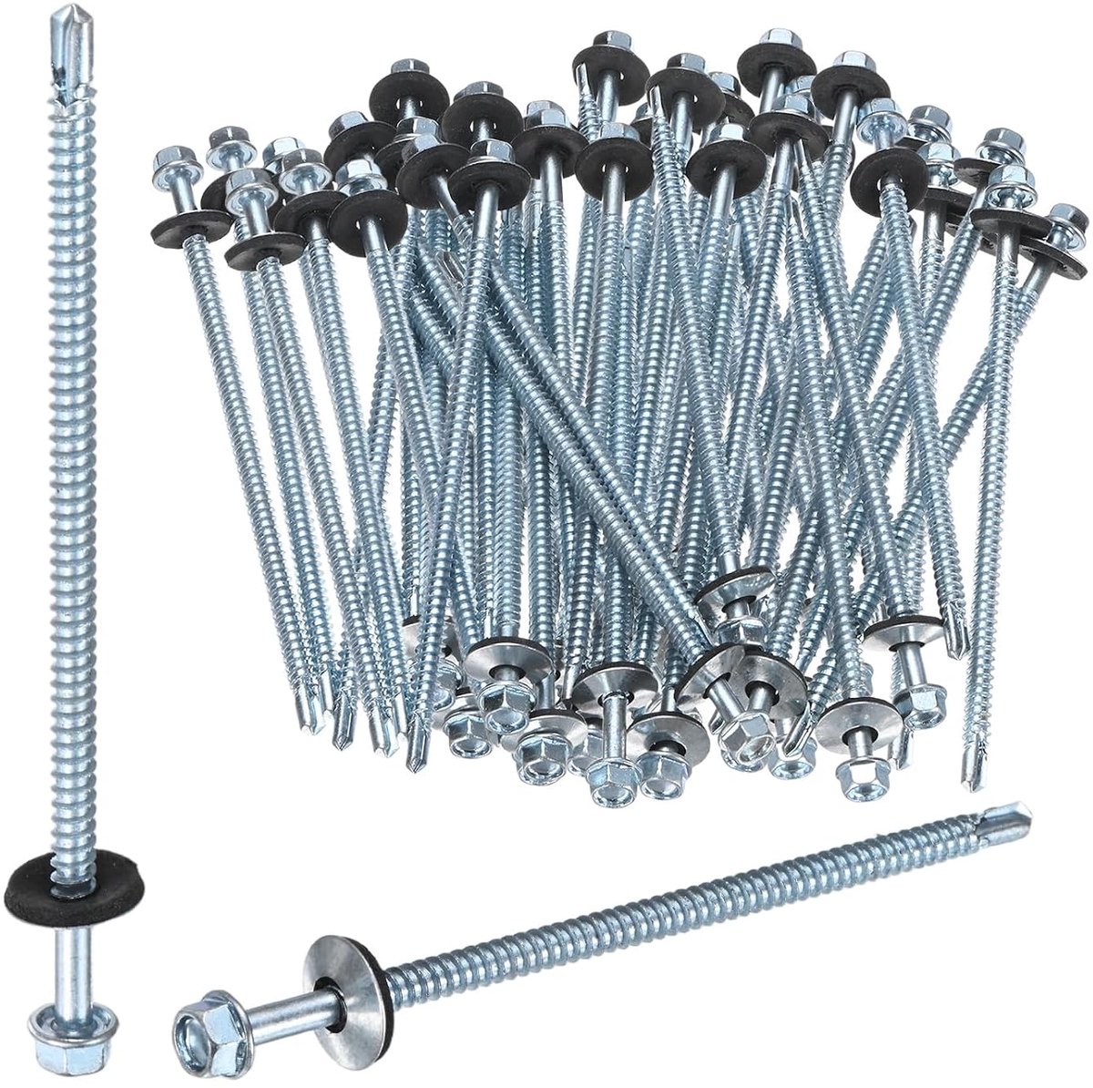 50 stuks zelftappende schroeven met rubberen sluitring, M5,5 x 104 mm, verzinkt van koolstofstaal met zeskantige kop voor metalen afdekkingen/paneelpanelen