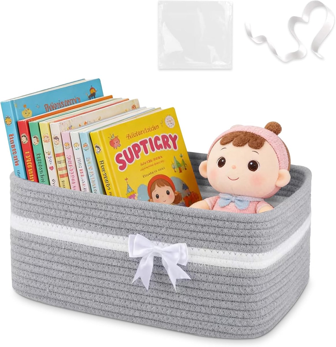 Katoenen opbergmand met handgrepen, 34 x 15 x 25 cm, stoffen mand en geschenkmand, leeg, speelgoedmand voor kinderkamer, organizer voor handdoeken, snacks en hondenspeelgoed, grijs