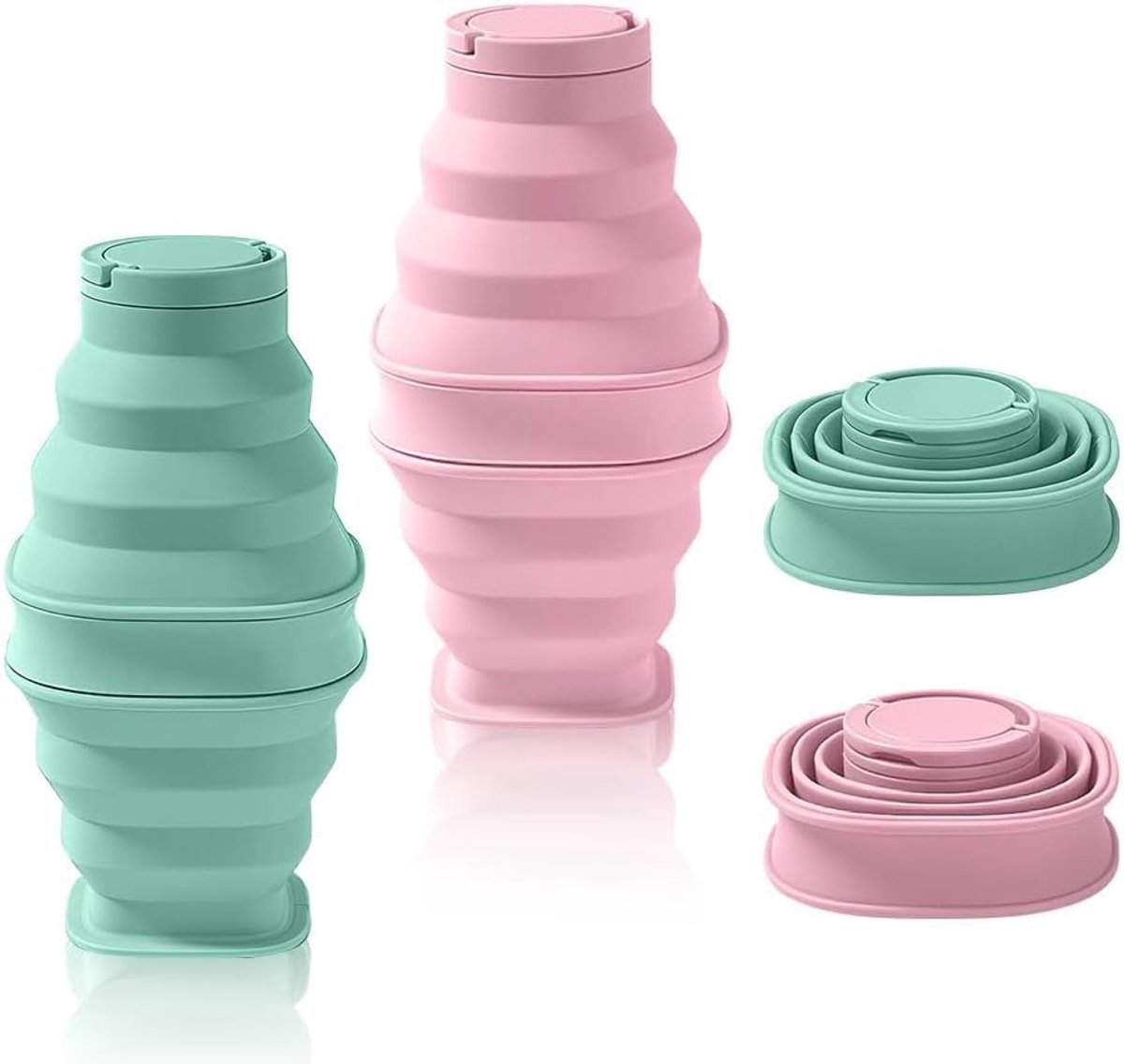 2 stuks opvouwbare drinkfles, 600 ml, opvouwbare drinkfles, draagbare siliconen waterfles met 2 karabijnhaken, siliconen reisfles voor outdoor, sport, opvouwbare waterfles (roze-groen)