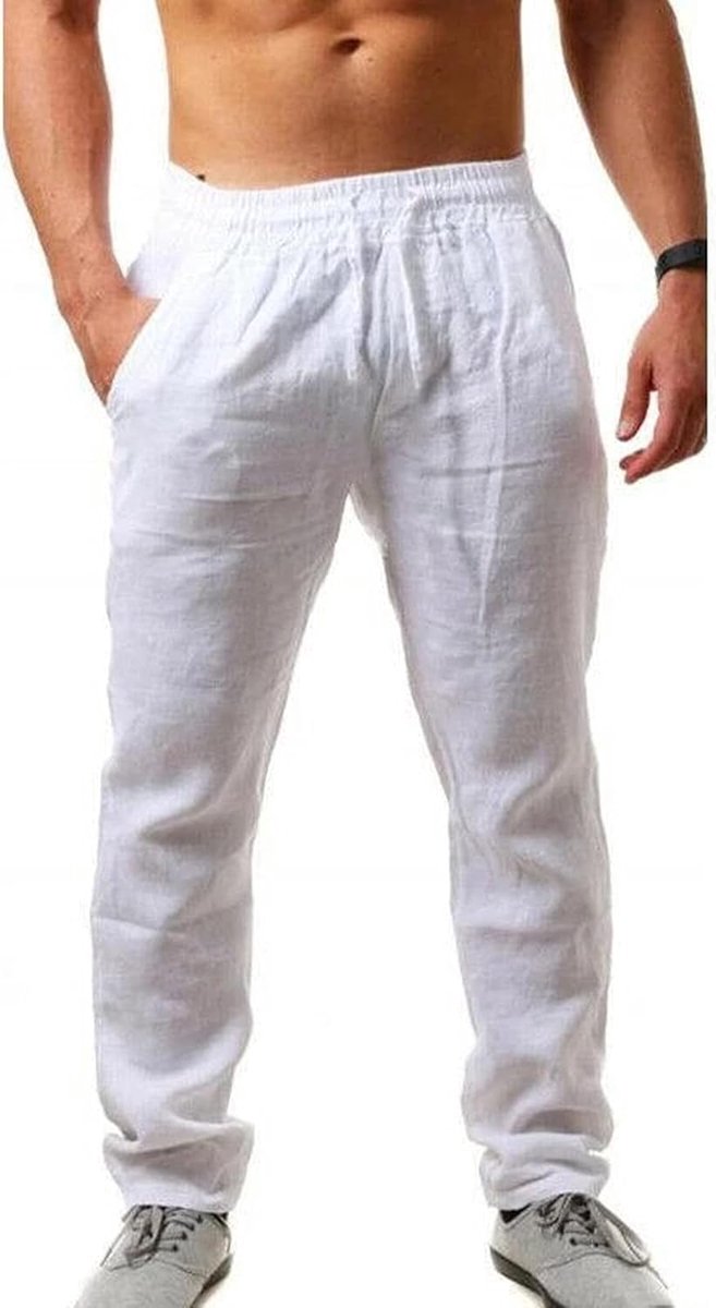 Broek voor heren, zomer, strand, casual broek, effen kleur, broek met elastische tailleband