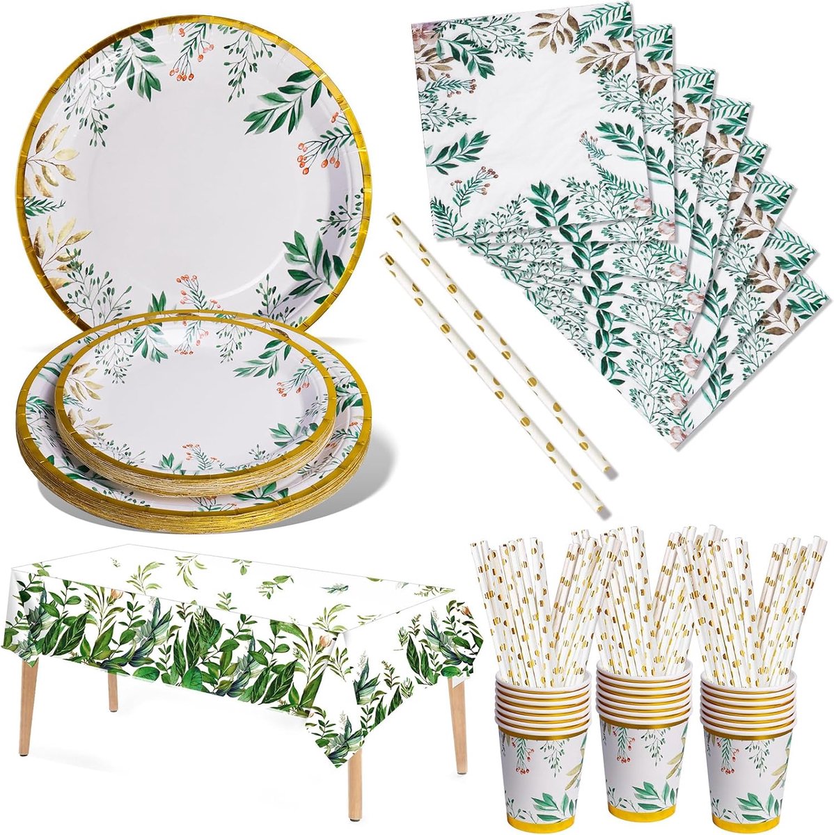 Groene papieren borden set, 121 stuks saliegroen papieren borden, kopjes en servetset, babyborrel feestservies borden voor verjaardagsbenodigdheden, bruiloft theekransje, picknicktafeldecoratie