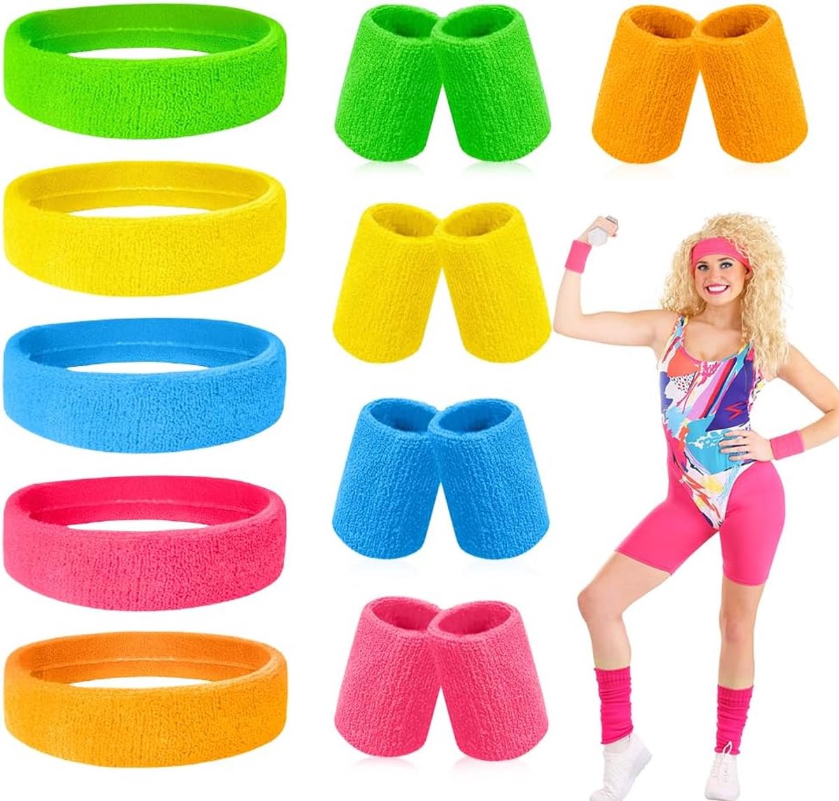 Jaren 80, 15 stuks neon zweetbanden, jaren 80, accessoires, sport, hoofdband, armbandset, kleurrijk, sportarmband, absorberende zweetbanden