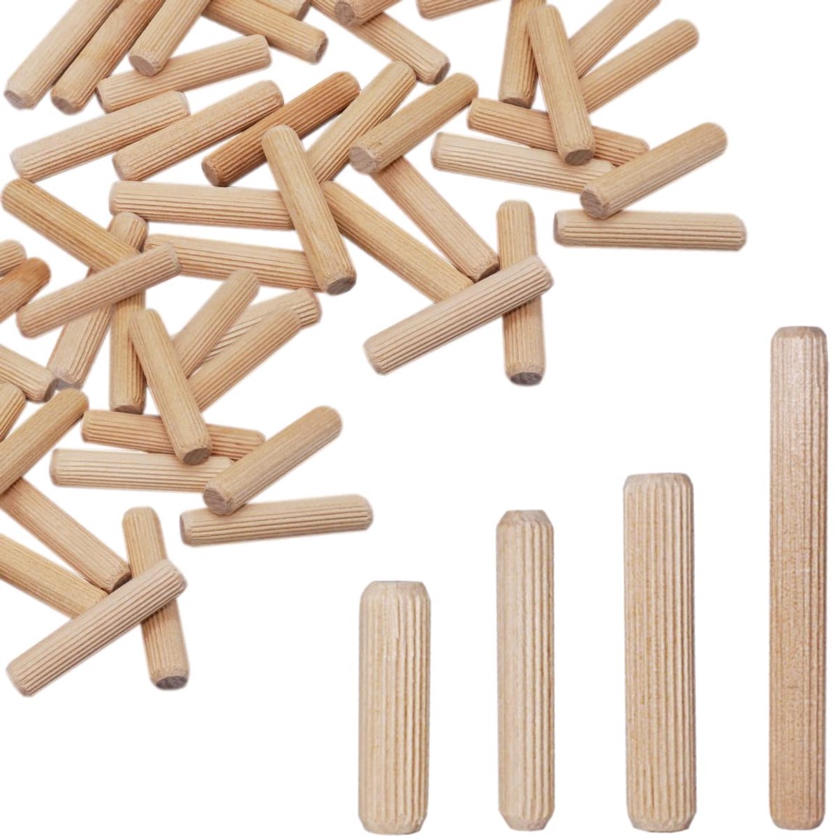 (Pack van 400 stuks) Houten pluggen 8 x 20 mm, massief berkenhout gegroefde pluggen, afgeschuinde pennen voor meubels (400, 8 x 20 mm)