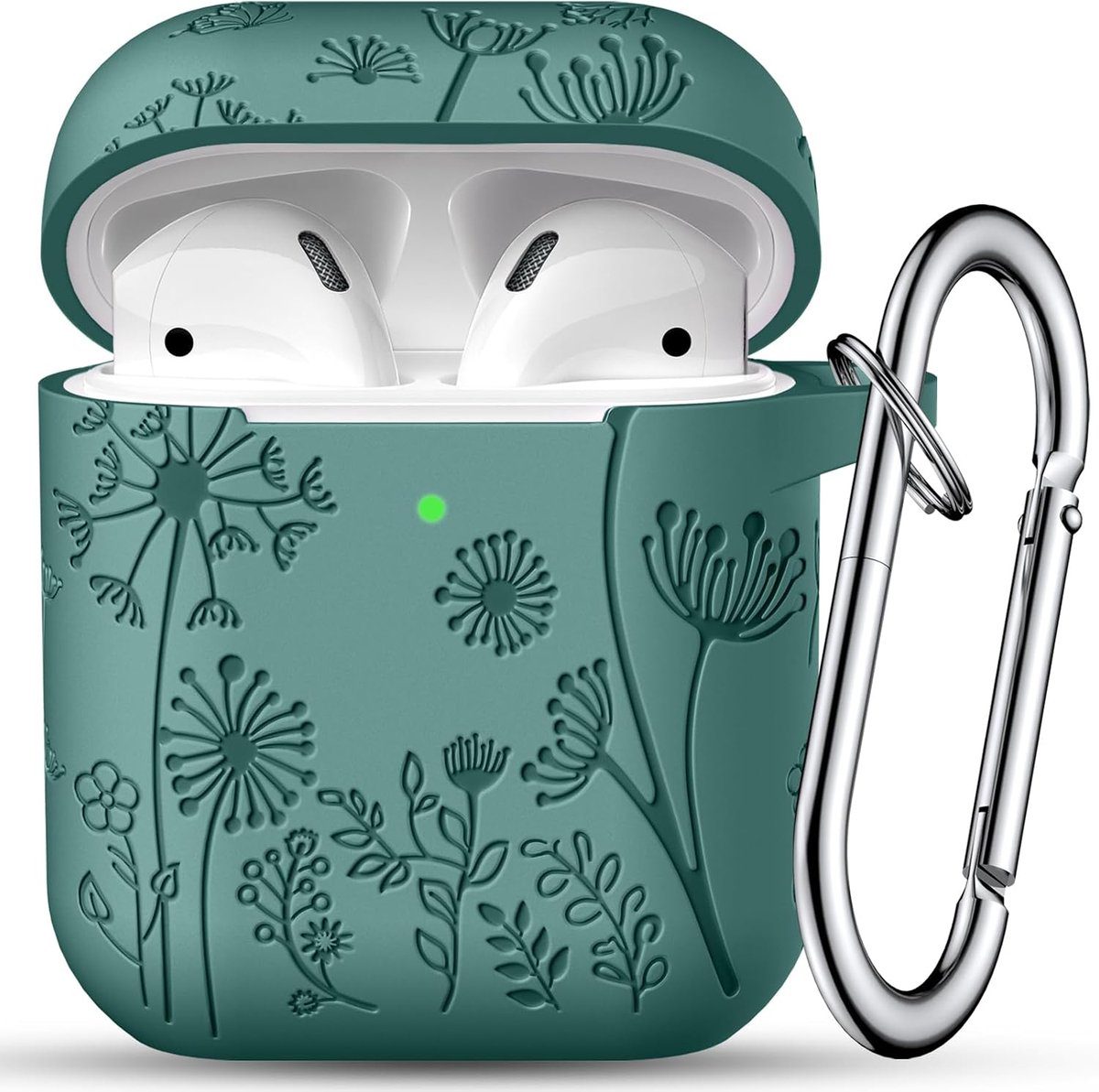 Gegraveerde bloemenhoes compatibel met AirPods, mooie schokbestendige zachte siliconen beschermhoes voor Airpods 2e en 1e generatie, met karabijnhaak [zichtbare led] voor dames