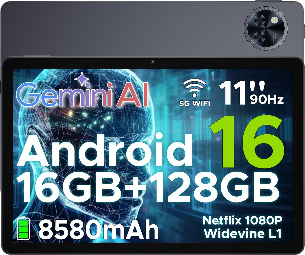 DOOGEE U11 - Tablet - Tablets - 16 GB RAM+ 128 GB ROM/TF 2TB - Android 16 - 11 inth 90 Hz - Dubbele boxluidsprekers - 8580 mAh - Face ID - 5G WiFi - Widevine L1 - GPS - Grijs