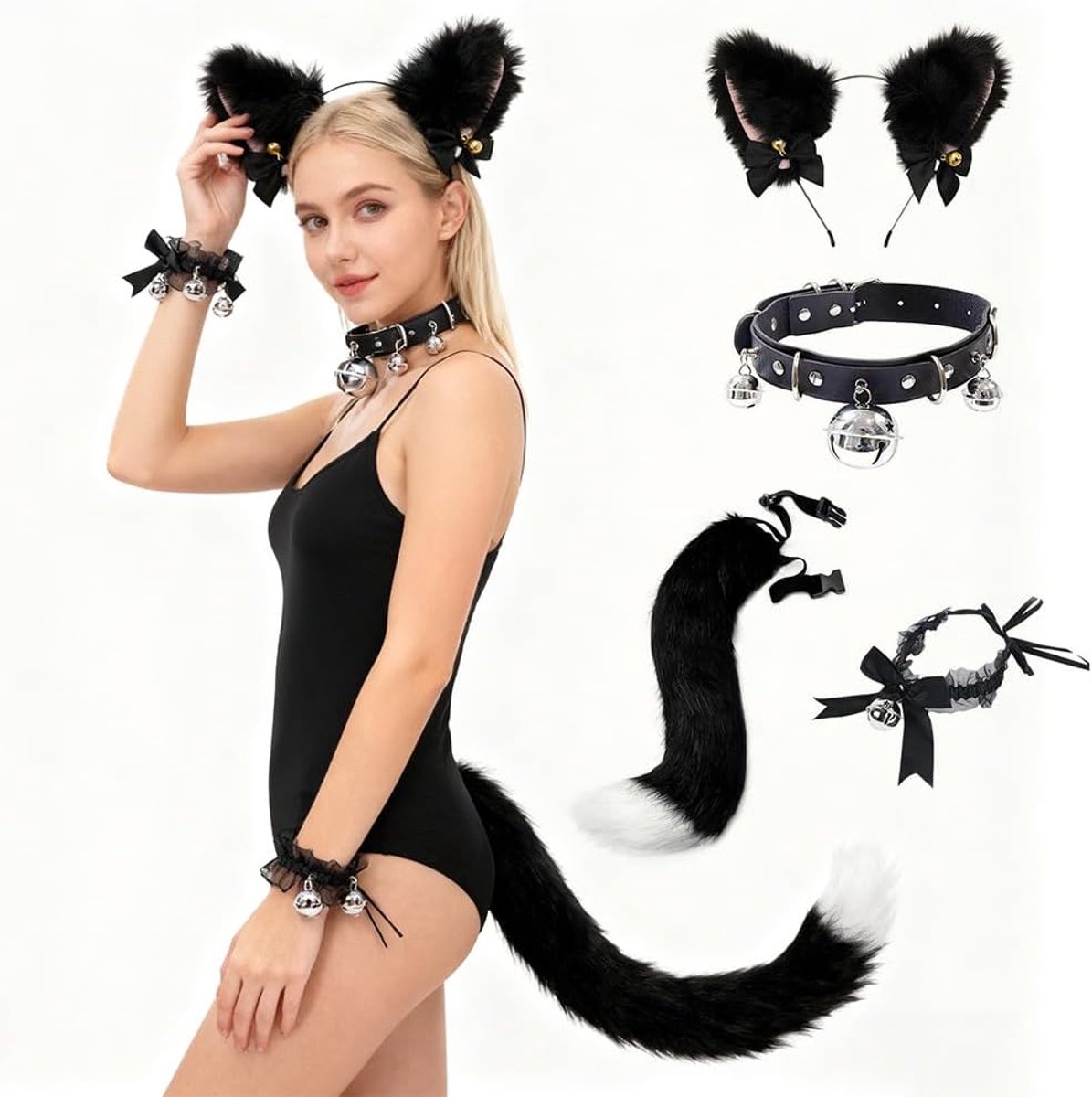 Kattenkostuum voor dames, 4 stuks kattenkostuum, Black Cat kostuum met hoofdband, staart, halsband en accessoires, voor carnaval, kostuumfeesten, Halloween, katten, cosplay
