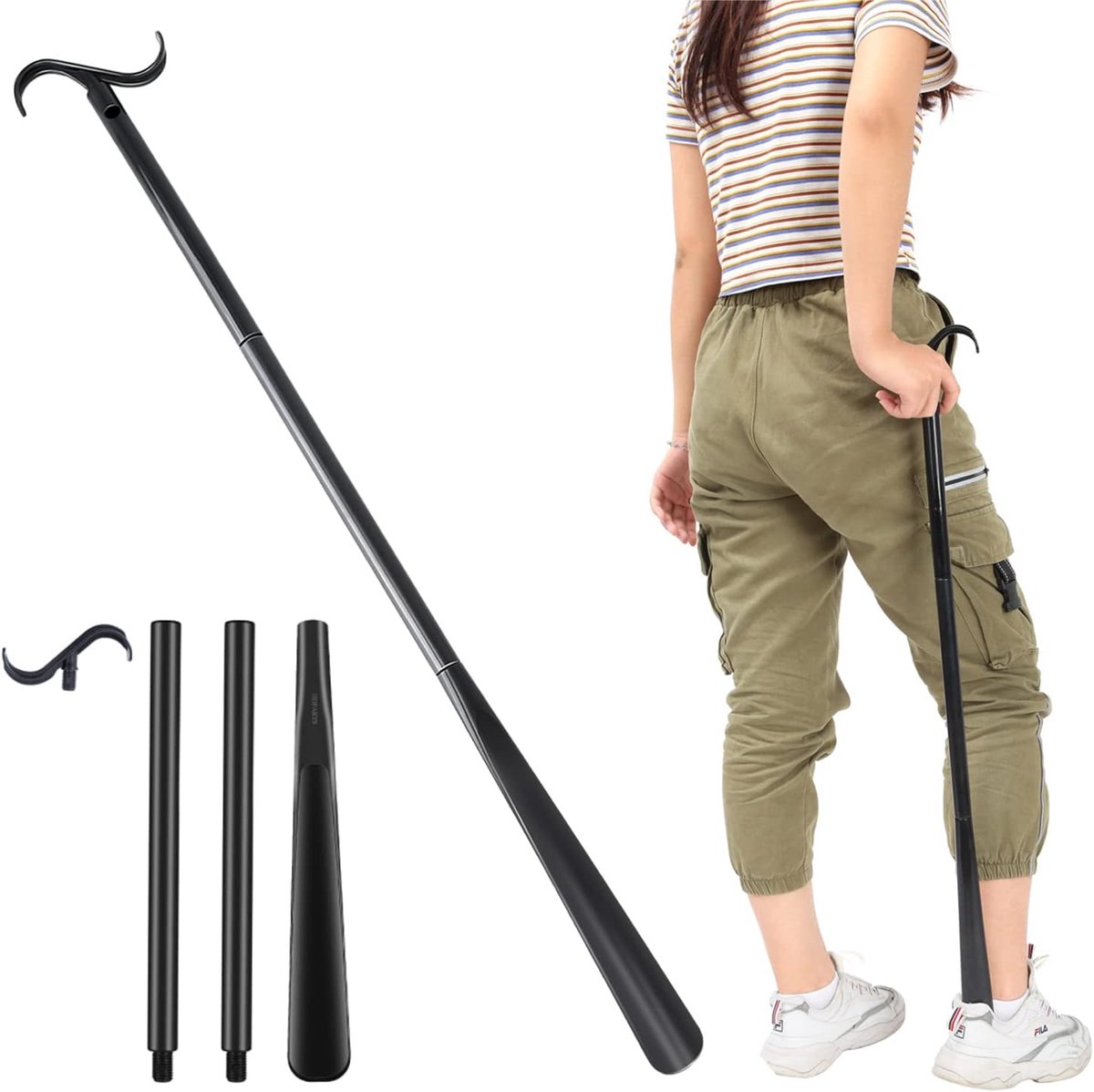 88,9 cm lange aankleedstok met schoenlepel met sokkenverwijderingsgereedschap, verstelbare verlengde aankleedhulp voor schoenen, sokken, shirts en broeken
