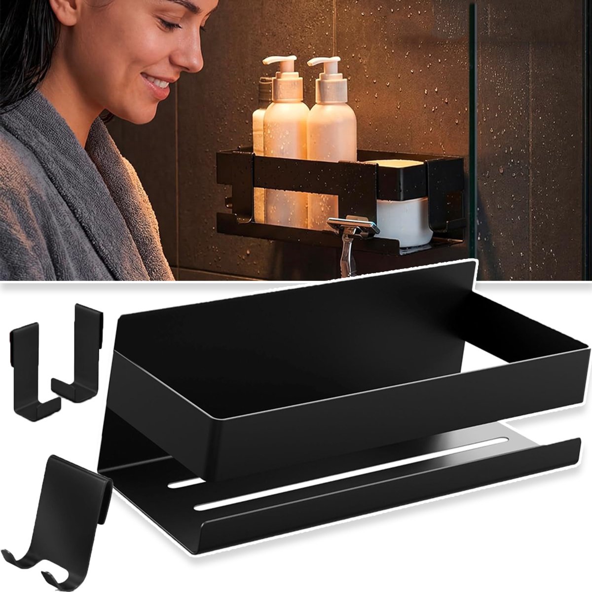 Zonder Boren En Zelfklevend – Douche-Organizer Van 304 RVS In Mat Zwart Met 3 Haken – Waterafvoerend En Roestbestendig – Voor Badkamer En Keuken