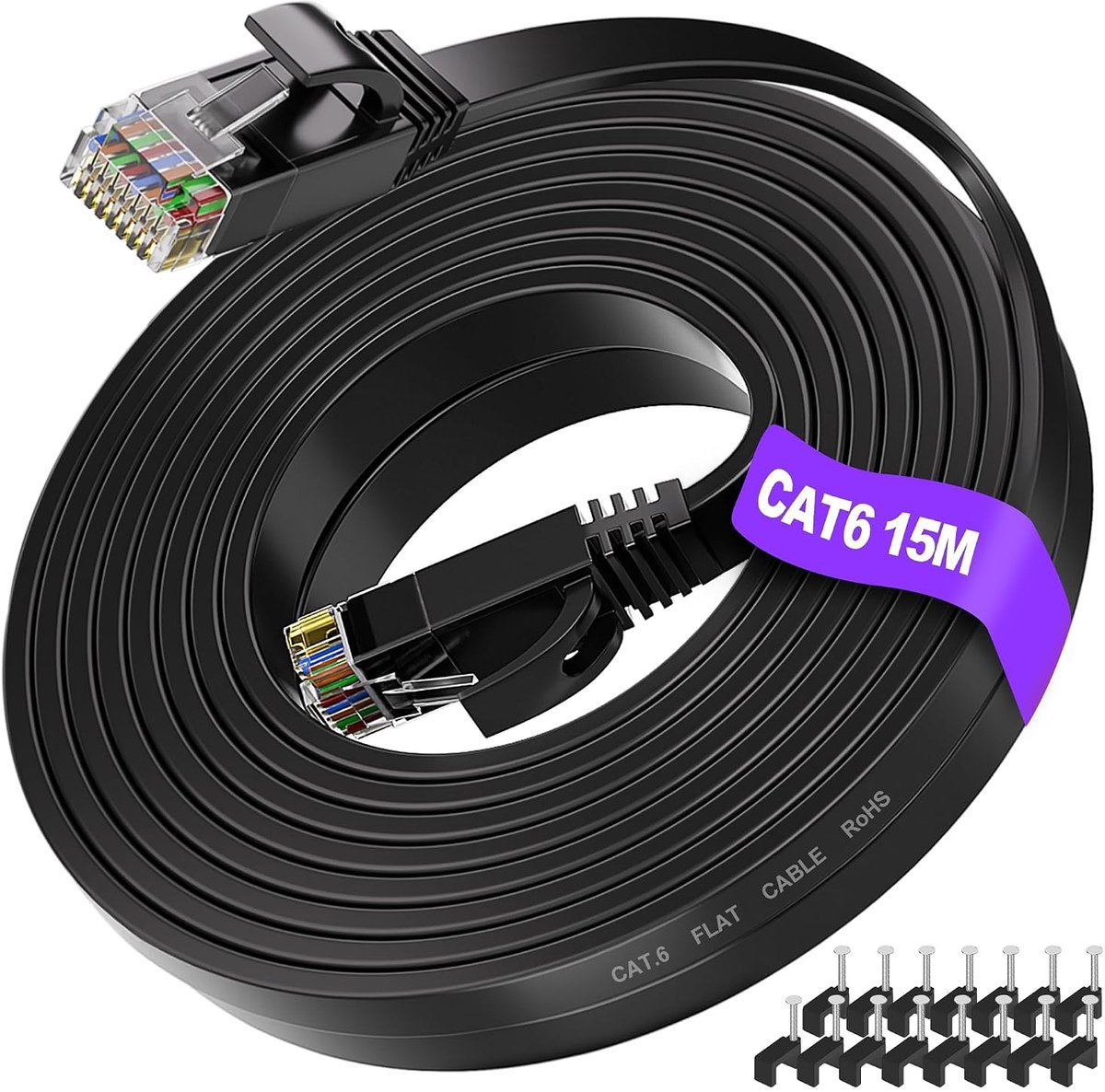 Ikbc Ethernet Cable 15m Cat 6, Platte Gigabit RJ45 Netwerkkabel 15m Zwart