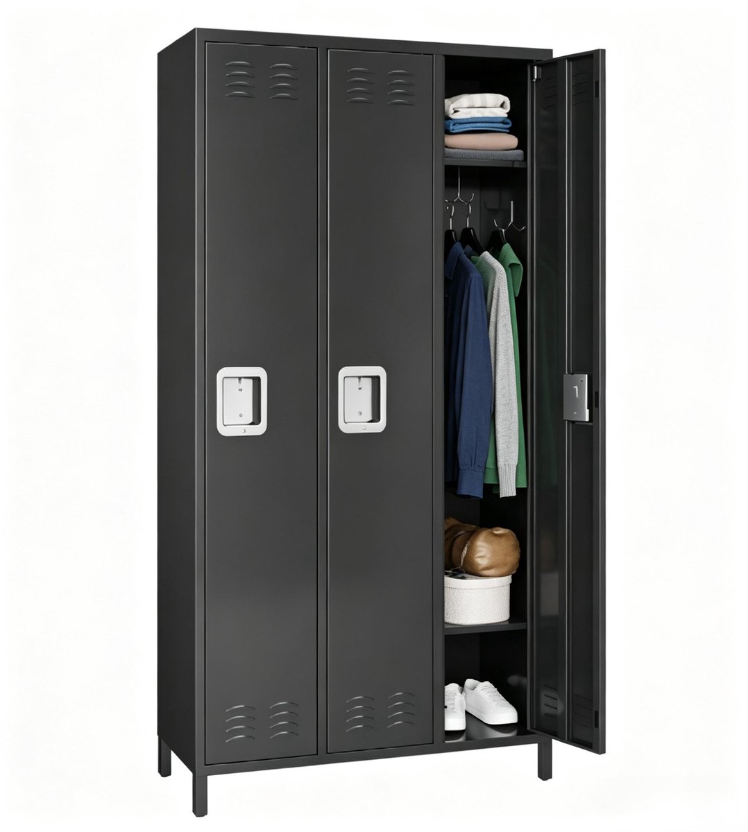 Heavy-Duty Metalen Kluisjeskast met 3 Deuren - Koudgewalst Staal met Slot en Sleutel - Geventileerde Deuren - 2 Legplanken en 2 Haken - Voor Kantoor Sportschool School en Garage