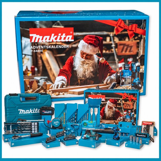 Makita adventskalender P-84800 met gereedschap, boor- en bitsets, een rolmaat en een accu.