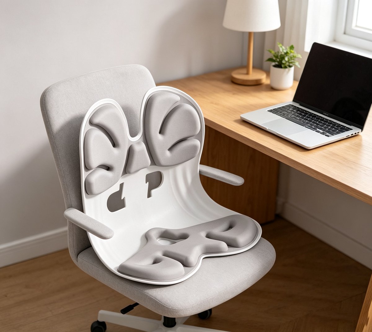 Elegant grijs lendensteunkussen in bloembladstijl (42*32*32 cm) – Ideaal voor bureaustoelen zorgkrukken en autostoelen ergonomisch ontwerp voor houdingscorrectie en comfort bij langdurig zitten