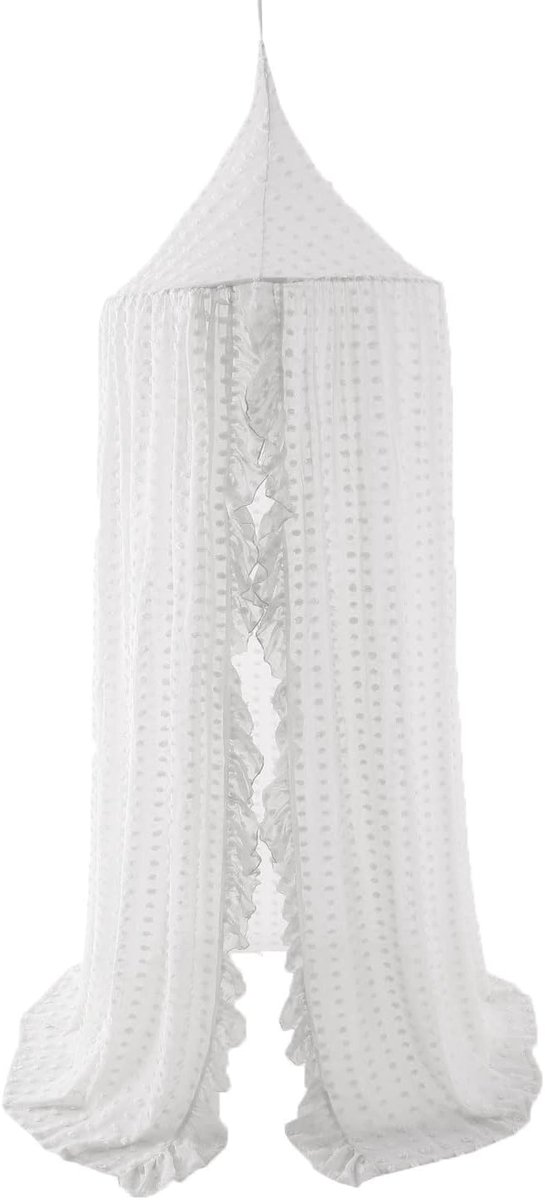 Space Elegante kinderbed hemel - kant chiffon gaas met pompons, prinses meisjes feeën droomtent, kinderkamer babywieg hangende gordijn muggennet kinderen leeshoek decoratie (wit)
