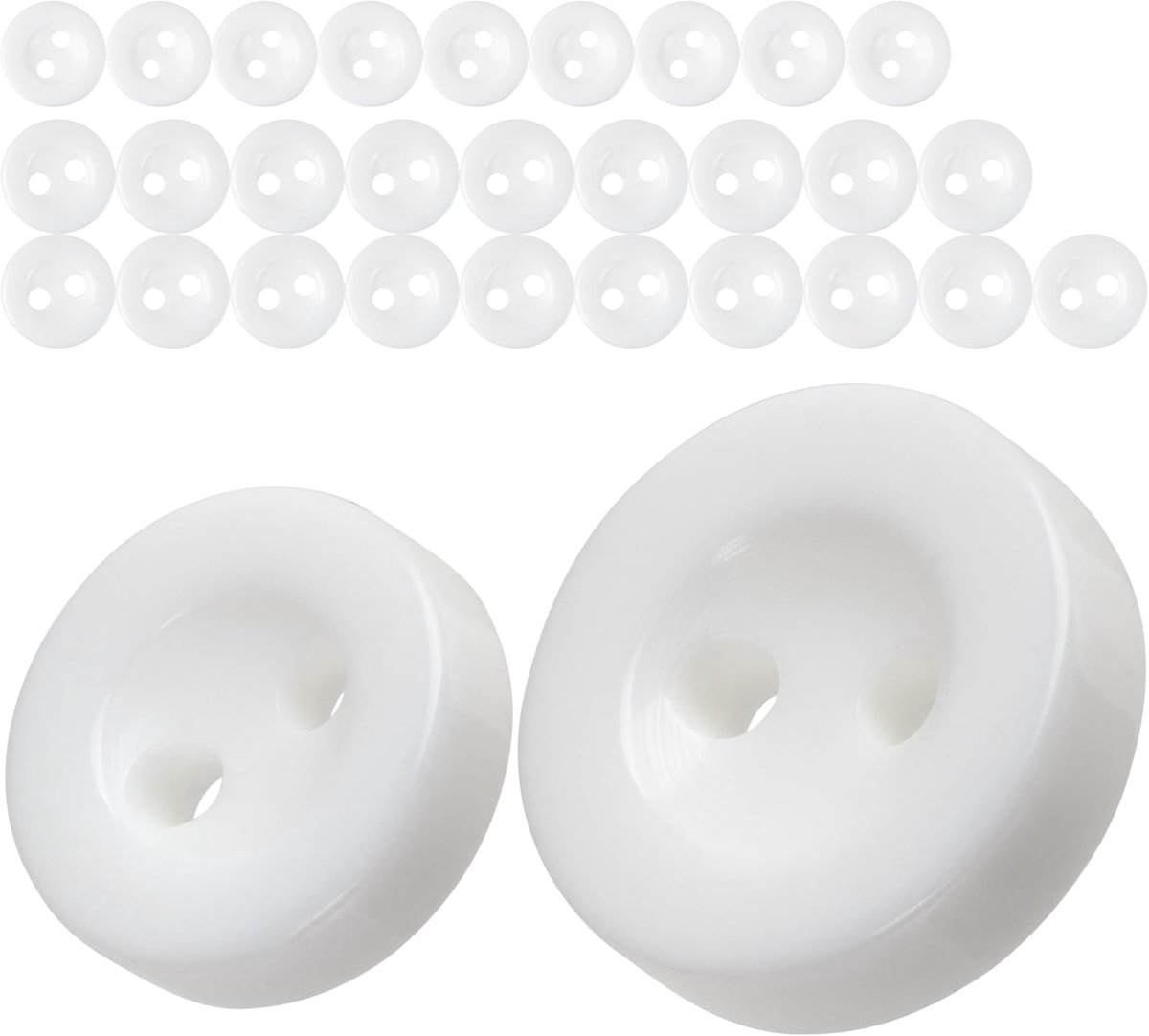 Knopenset voor overhemden en blouses, 30 stuks, 2 gaten, Ø 11 + 8 mm, wit, van hars, maat 18L + 14L, harsknopen voor jas, mantel, hemd, blouse, poloshirt, doe-het-zelf knopen, kunsthars, wasknopen