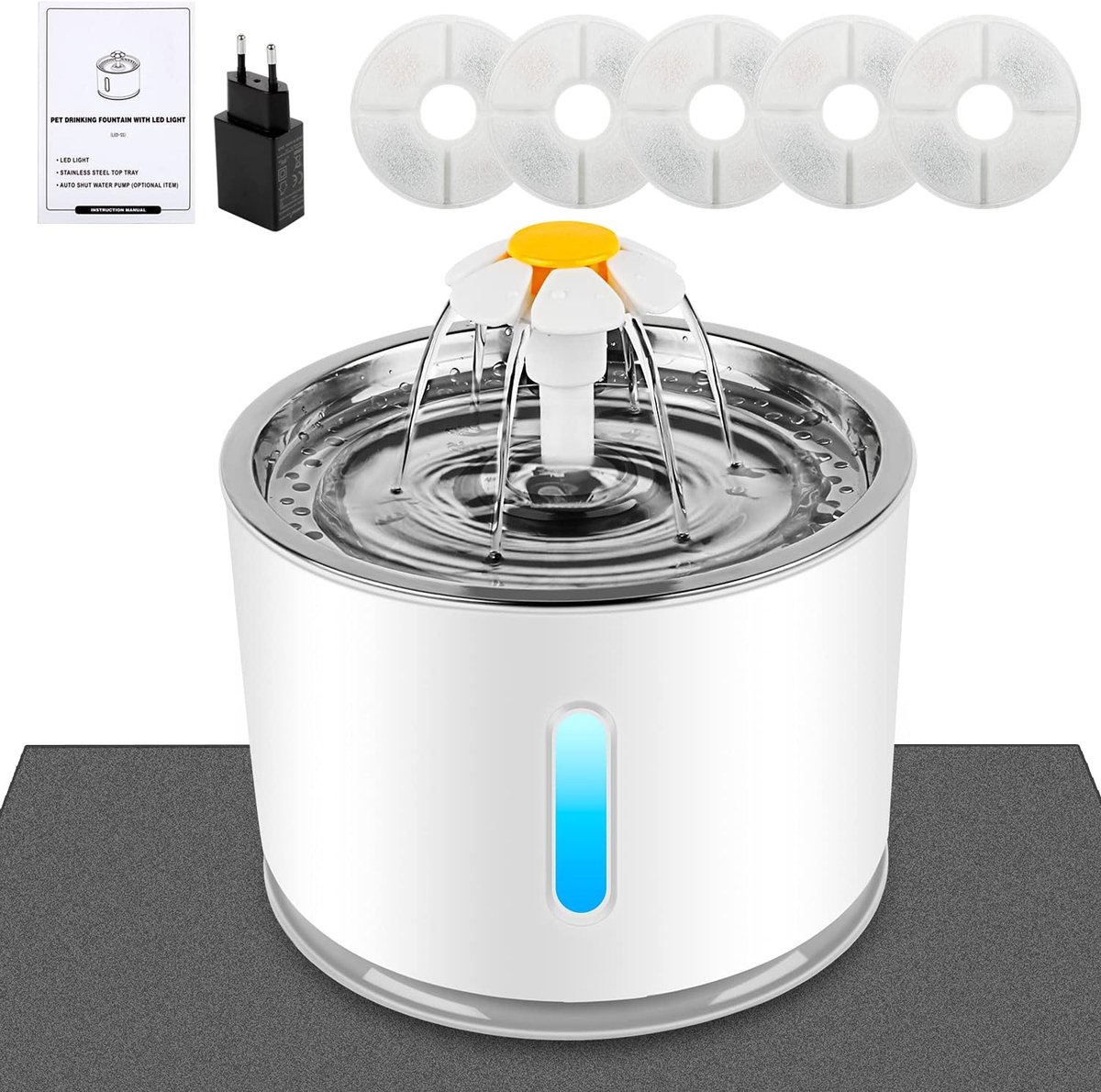 Huisdierfontein met actief koolfilter, waterniveauvenster, lichtgevende led, 2,4 l grote capaciteit, 3 soorten fonteinwaterstroom, automatische kattenwaterdispenser voor