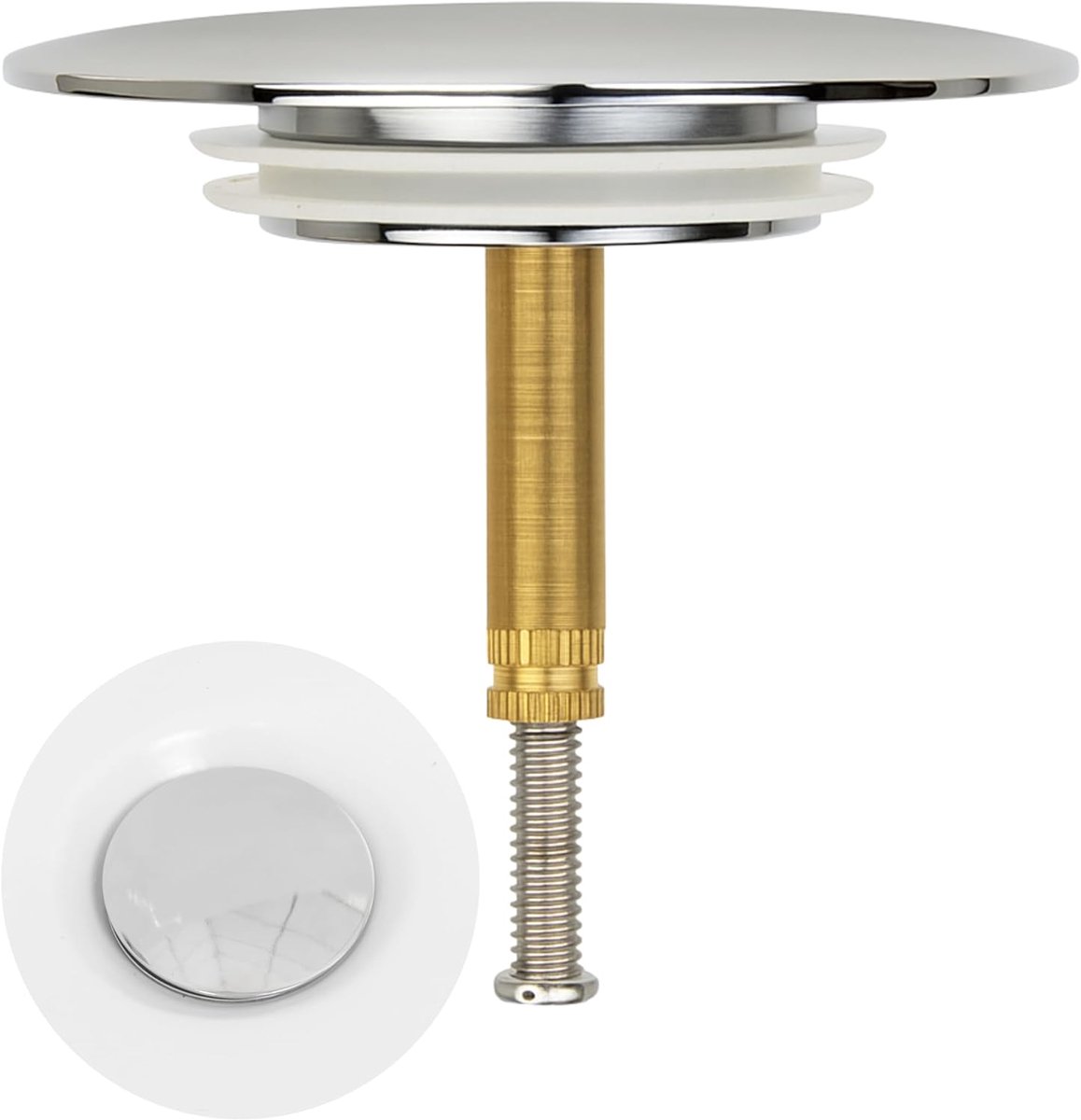 Badplug, 1 st., ventielkegel Ø 72 mm, hoogglans chroom, geschikt voor Viega Rotaplex, Hansgrohe, Grohe afvoerset, 34-52 mm excentrische aansluiting, badafvoerplug met pen