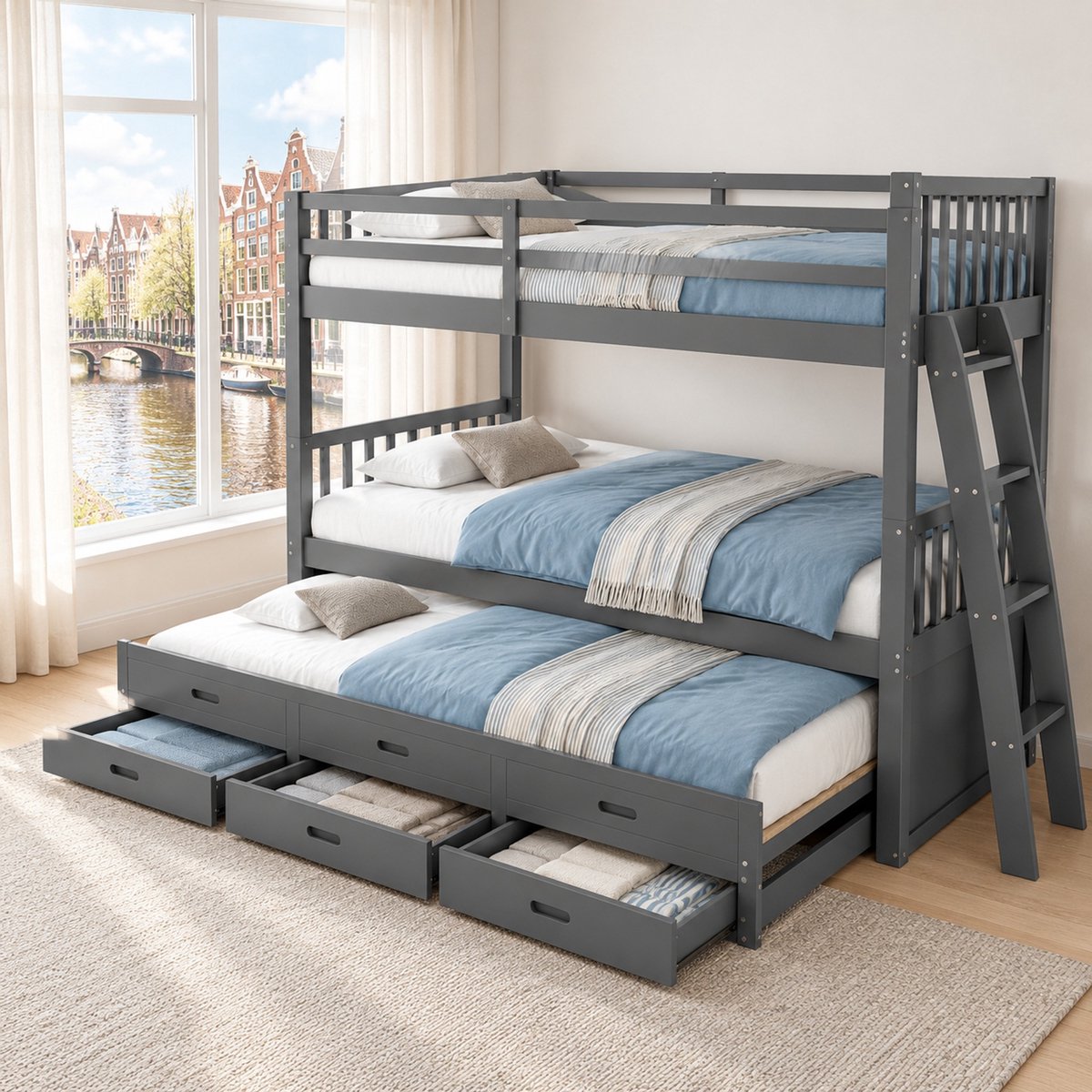 WUVRIE Stapelbed 90x200 cm met uitschuifbed, 3 lades en ladder, grijs