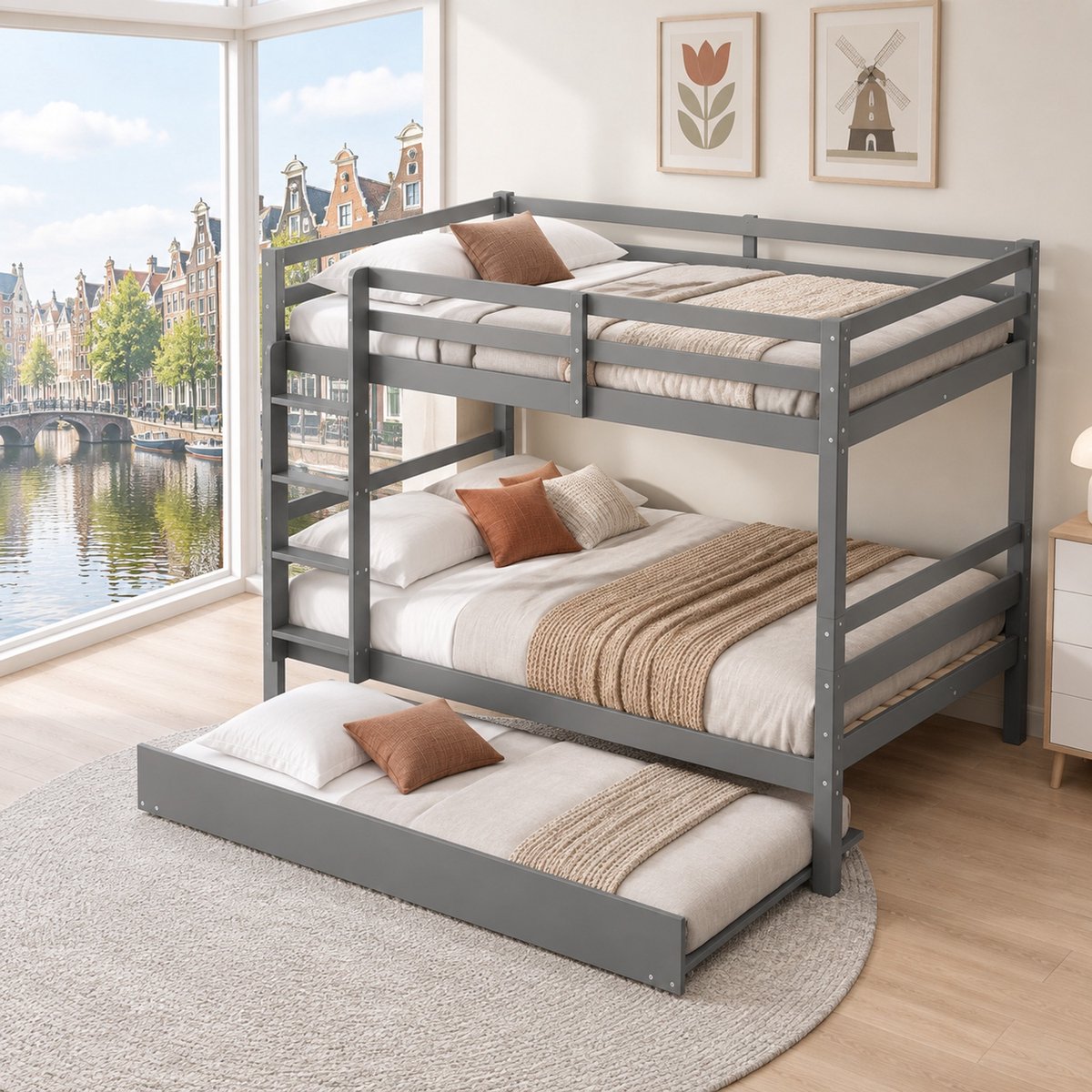 WUVRIE Stapelbed 140x200 cm met uitschuifbed, trap en hoge uitvalbeveiliging, grijs