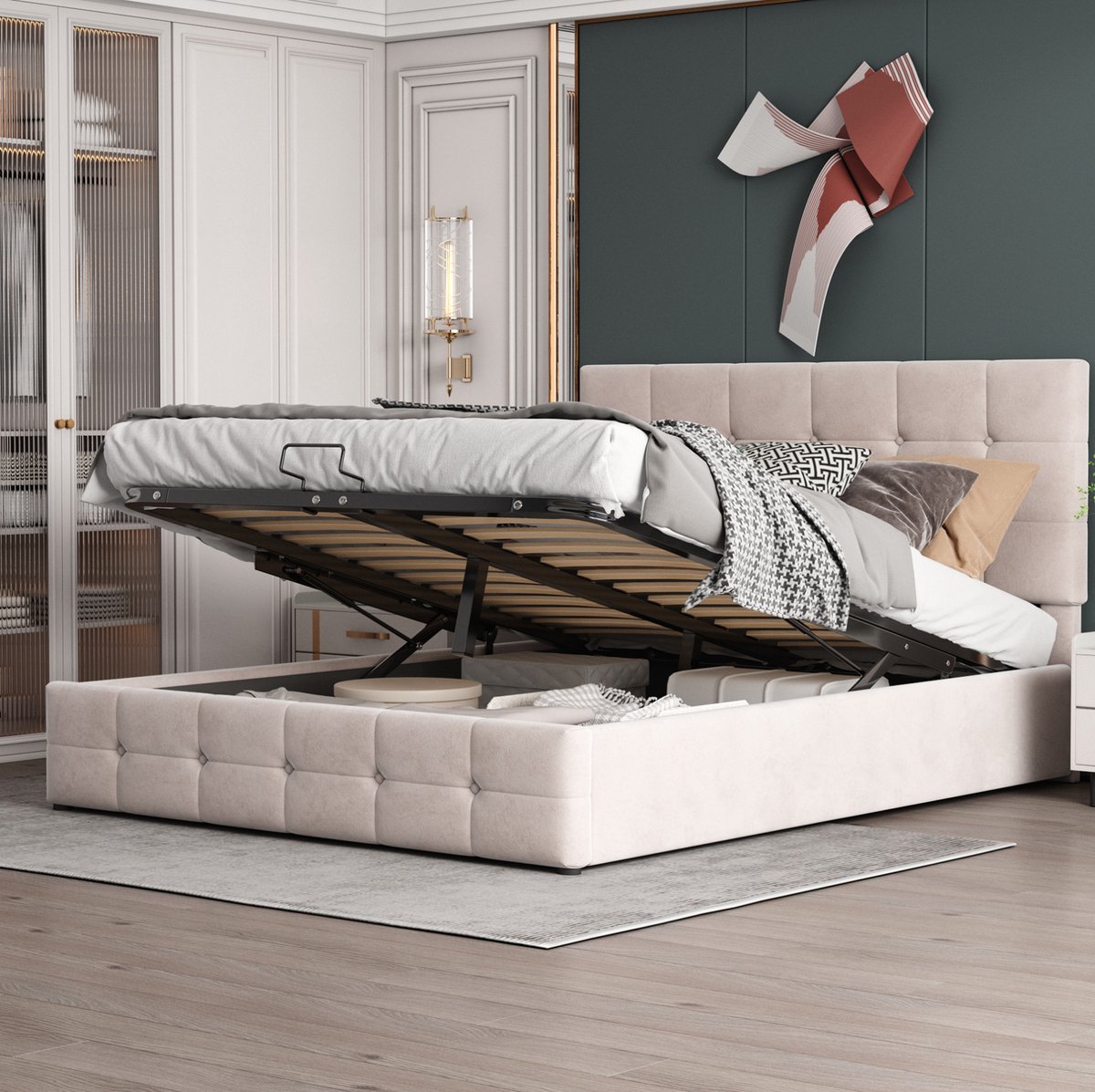 WUVRIE Gestoffeerd opbergbed 140x200 cm met hydraulische lift, verstelbaar hoofdbord en lattenbodem, crèmewit