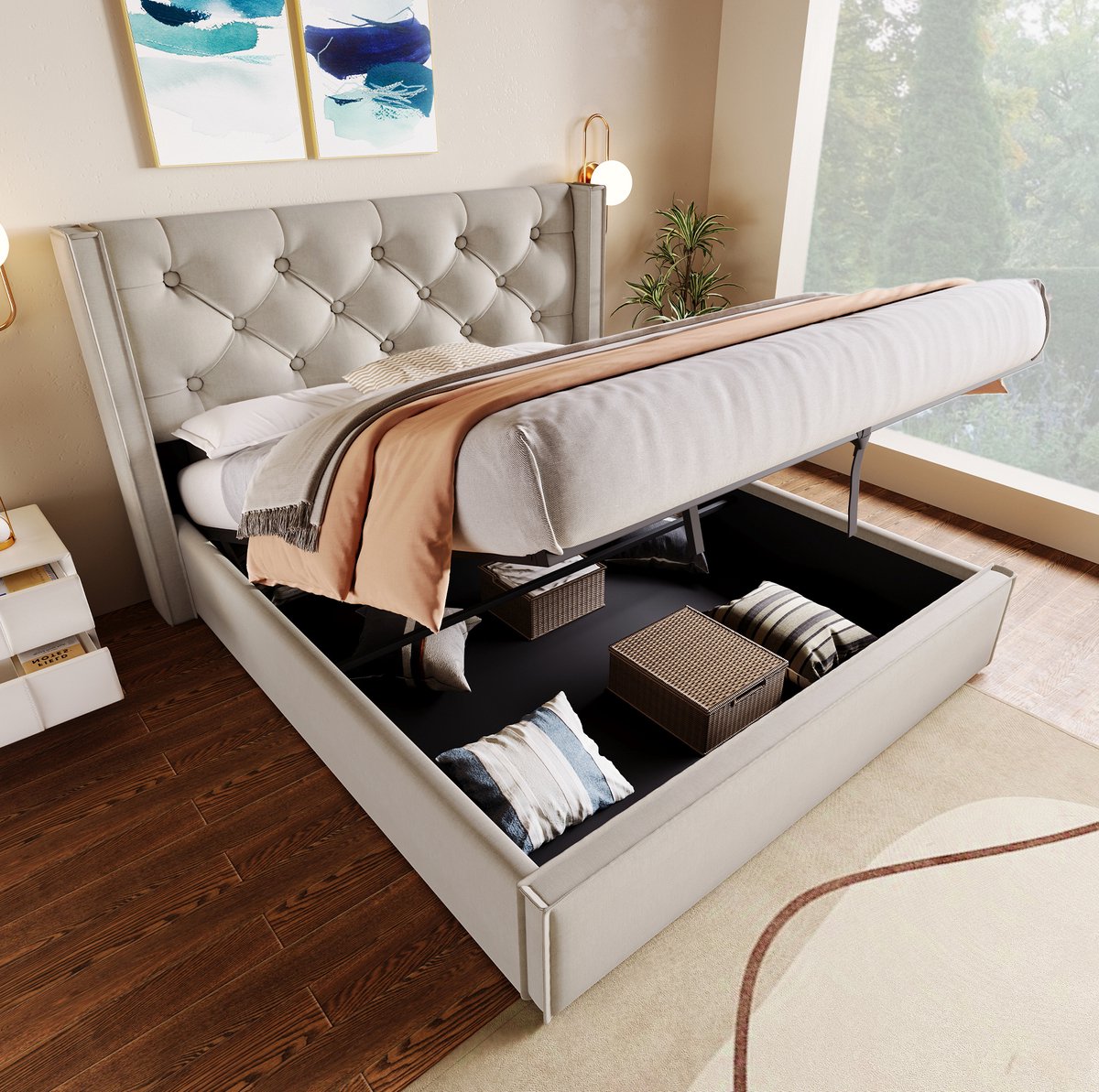 WUVRIE Gestoffeerd tweepersoonsbed 160x200 cm met opbergruimte, lattenbodem en metalen frame, lichtgrijs