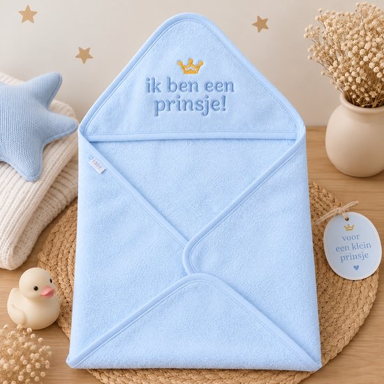 Blauwe Baby Badcape met Capuchon – Baby Handdoek & Badhanddoek – Zachte Omslagdoek – 80x80cm - Kraamcadeau Jongen– Ik Ben een Prinsje — afbeelding 3