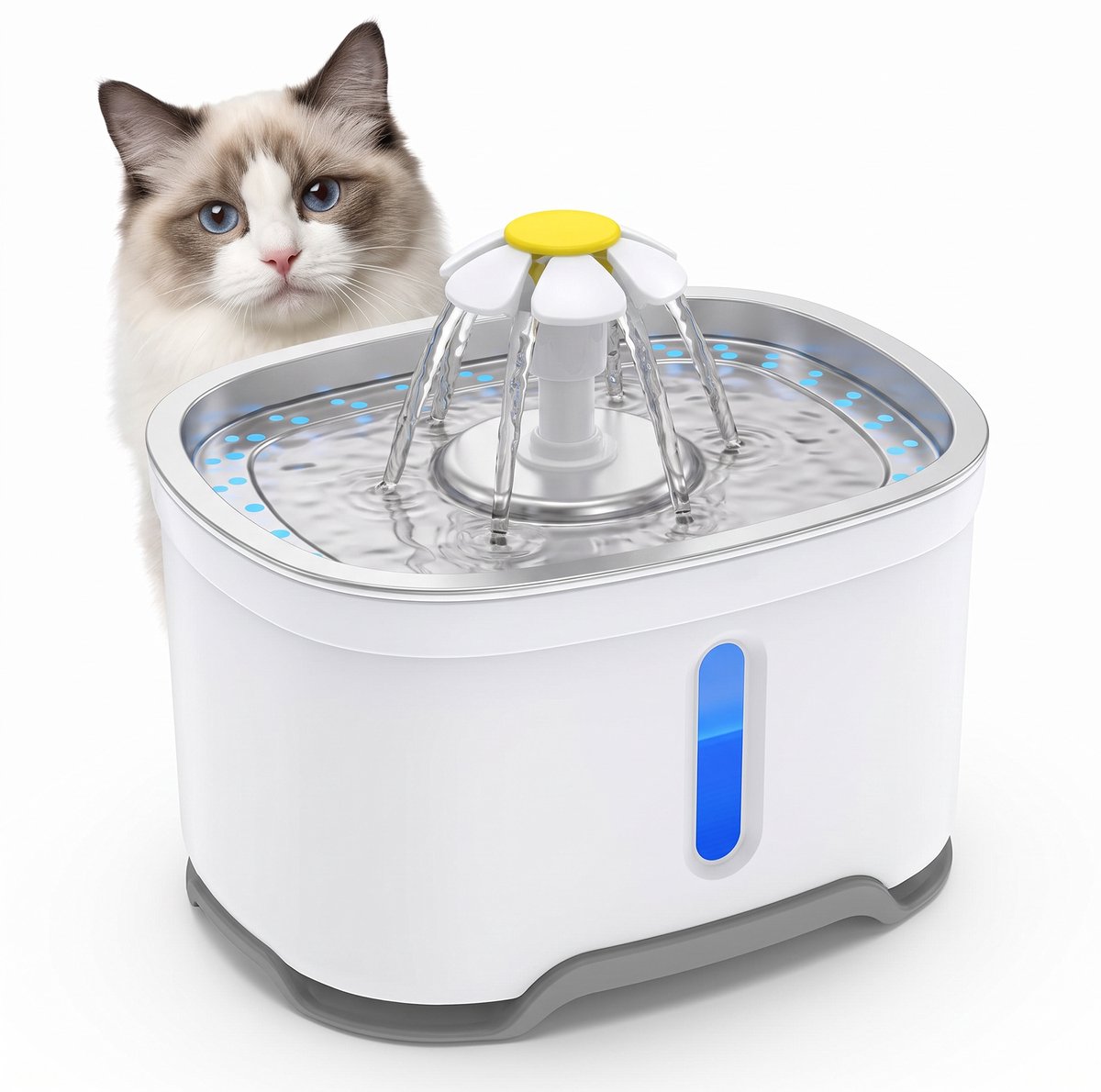 Drinkfontein voor katten en honden - 2,5 L - Ovaal model met 304 RVS drinkschaal, verlicht waterniveauvenster, 4 uitloopvormen en 2 W pomp - Grijs - Waterfontein - Kattenfontein - Waterdispenser - Dieren drinkbak - Wit - BPA vrij - geruisloos