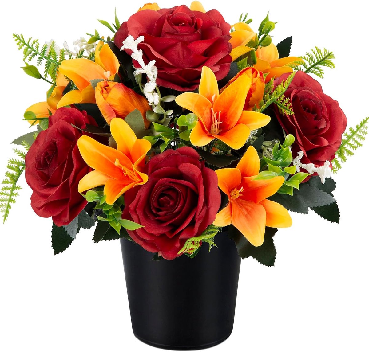 Kunstmatige begraafplaats, bloemen voor graven, begrafenisbloemen, kunstzijde, roos, lelietulp in pot voor begraafplaats, buitendecoratie (1 stuk, rood en oranje)