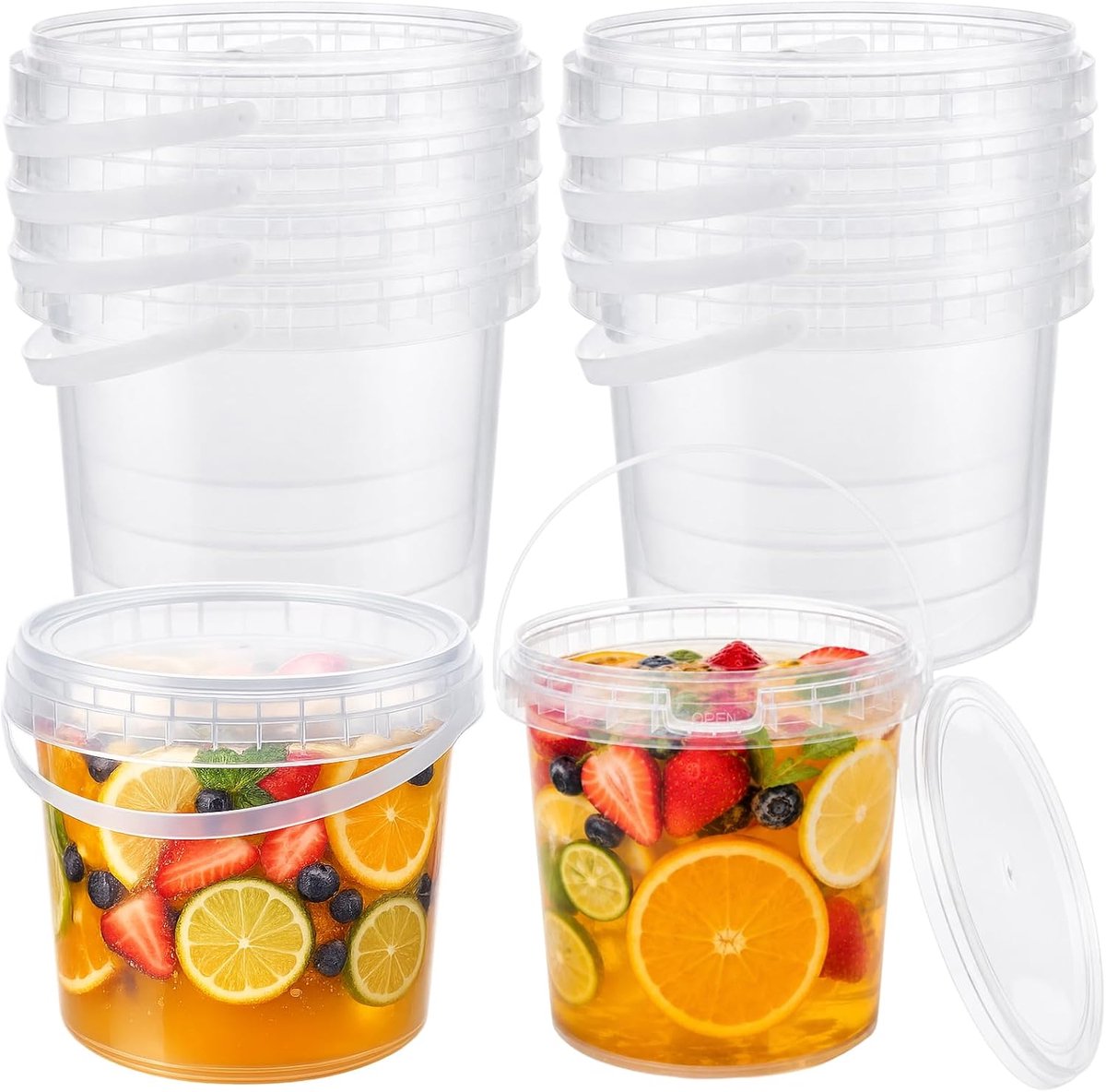 10 stuks kunststof containers met deksel, 2 liter emmer met deksel, herbruikbaar, transparante plastic emmer met handvat, voedselveilige container, plastic container voor eten, soepen