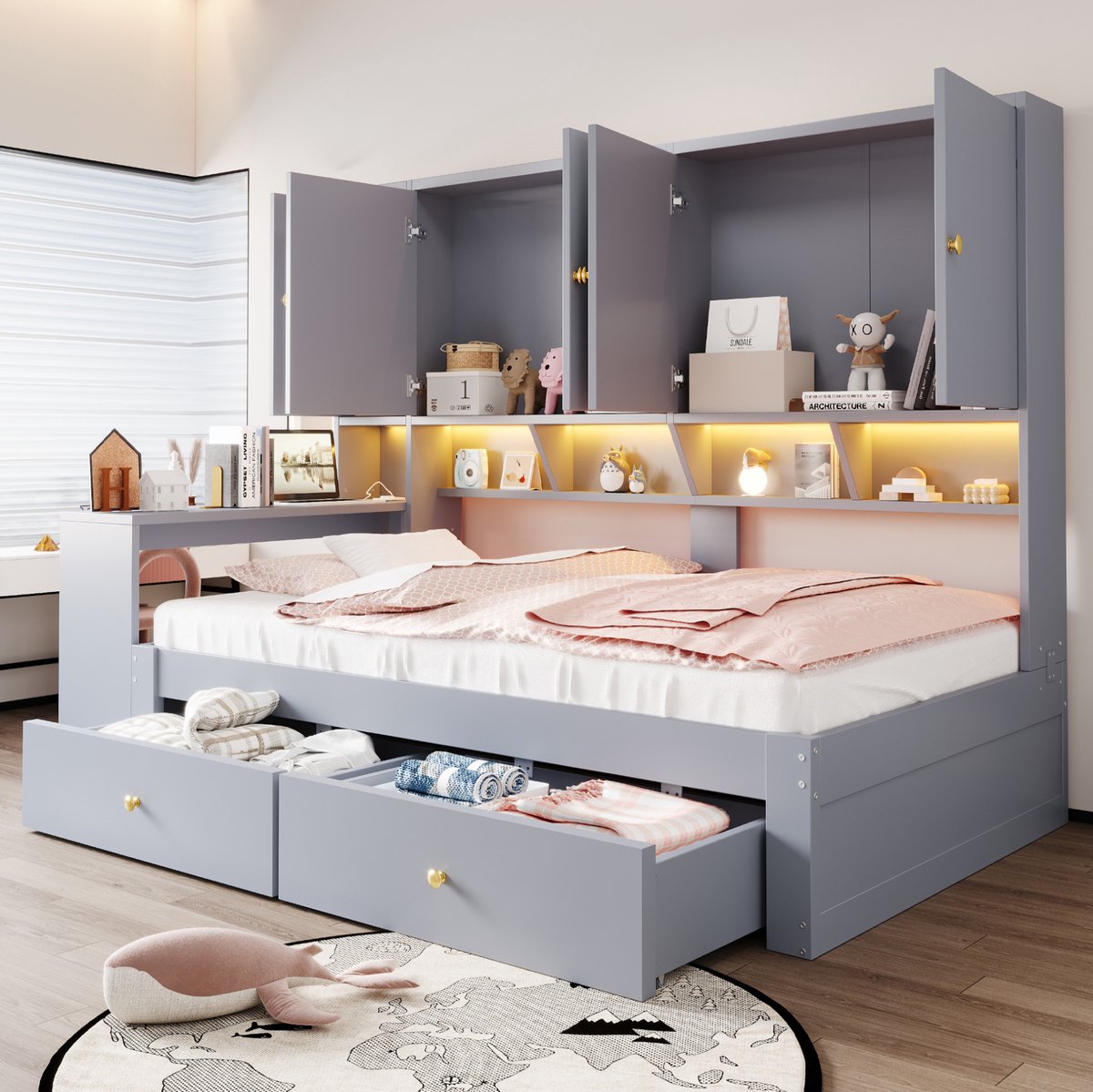 MODENUIT Eenpersoonsbed – 90 x 200 cm – Bureau, Laden, Ledverlichting en Stopcontact – MDF – Grijs – Lattenbodem