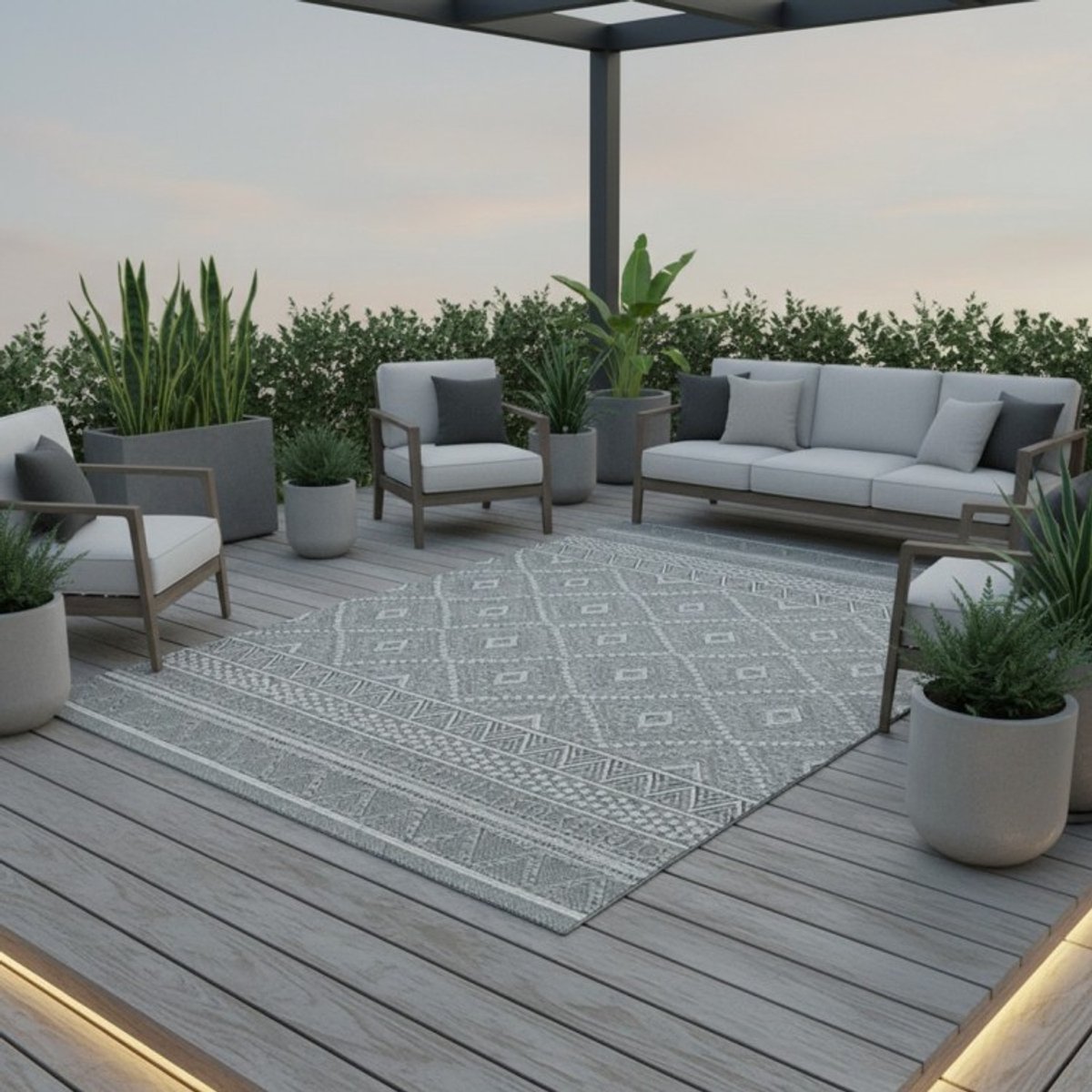 TapisTrend Buiten- en terraskleden Grijs 120x160 cm Binnen-/buitenkleed met grote etnische ruiten en geometrische randen voor terras en woonkamer, foto 3