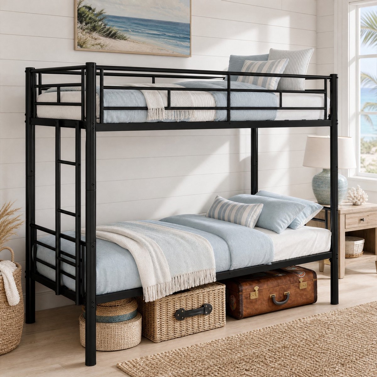 DESMIU Stapelbed 90x190cm - Ombouwbaar Tot Twee Eenpersoonsbedden - Ladder En Uitvalbeveiliging - Zonder Matras - Metaal - Zwart