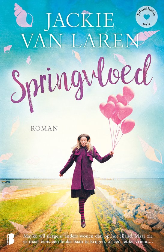 Springvloed van Jackie van Laren: meisje met paarse jas en roze ballonnen op dijk.