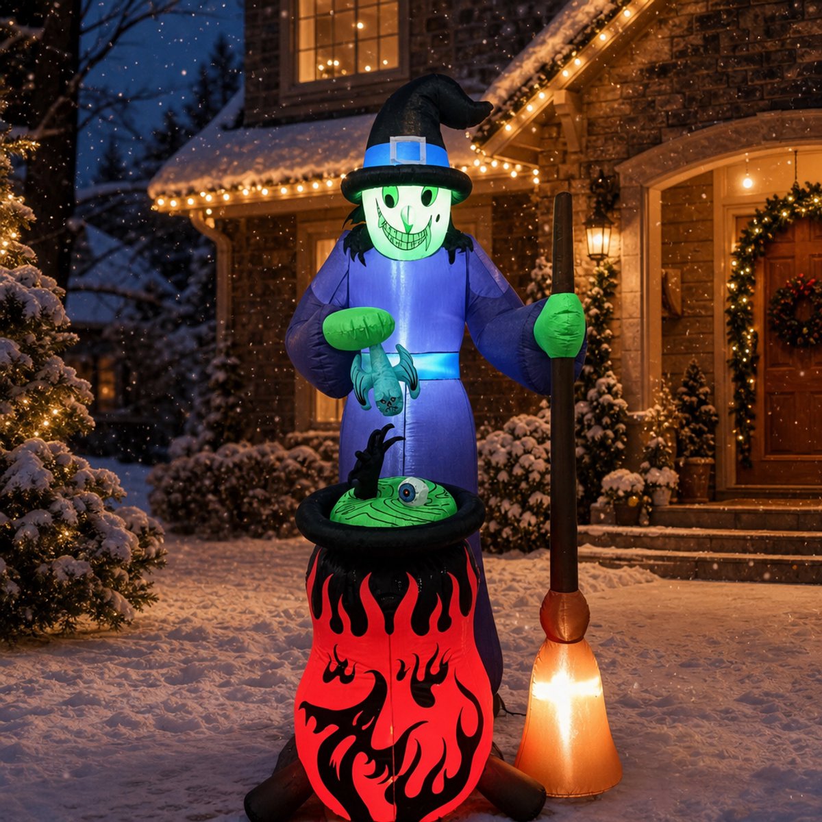 Opblaasbare Halloween-heks in ketel met bezem - 215 cm hoog - met witte LED-verlichting - Halloween-decoratie voor tuin & buiten - incl. grondpennen