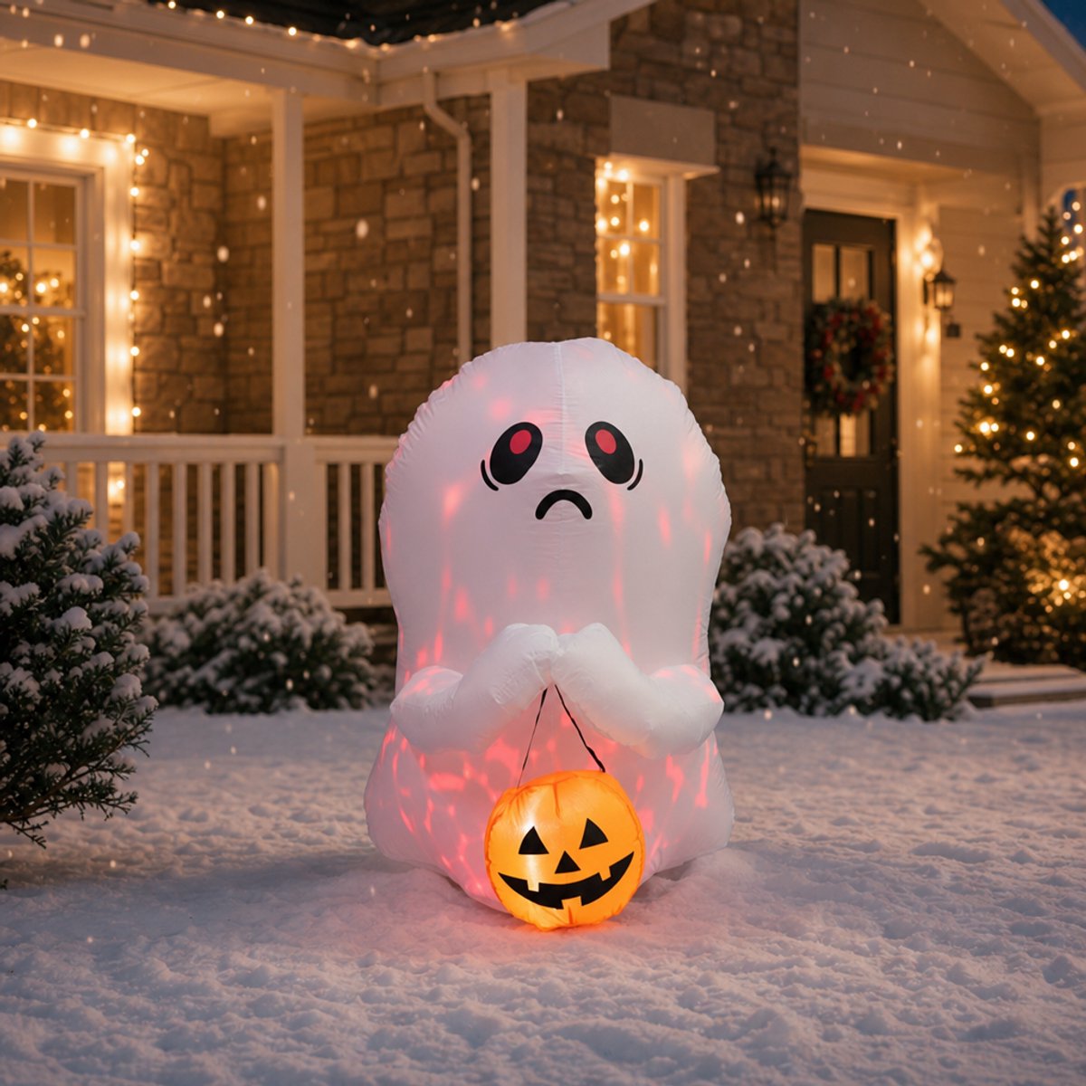 Opblaasbare Halloween-geest met pompoen - 120 cm hoog - met witte LED-verlichting - Halloween-decoratie voor tuin & buiten - incl. grondpennen