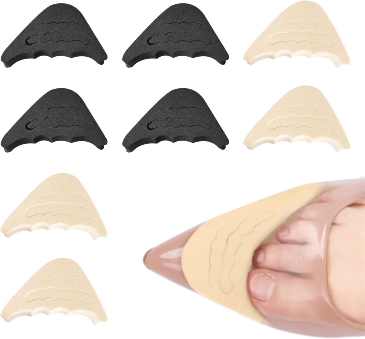 4 paar inlegzolen voor dames, schoenmaatverkleiner, grote schoeninlegzolen voor dames, schoenvullers, teeninlegzolen, gebogen schoeninlegzolen (huidkleur, zwart)