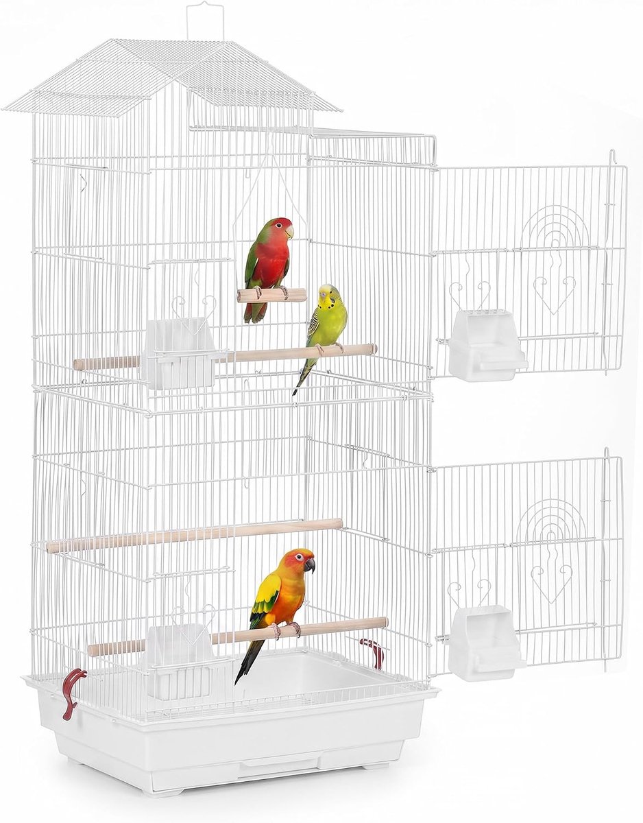 Metalen vogelkooi 50x36x100cm - wit - met zitstokken en opvanglade - draagbaar & eenvoudig te reinigen - voor parkieten en kleine vogels