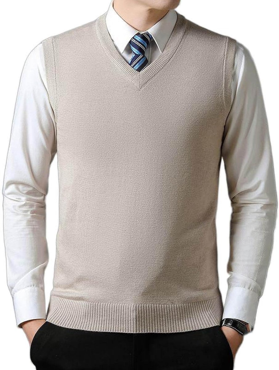 Effen Zakelijk Herenvest Met V-Hals, Herfst En Winter Mouwloze Trui Voor Heren, Gebreid Vest, Papa'Skleding Van Middelbare Leeftijd, Gentleman Knitwear Sweater Tank Tops, Beige, S