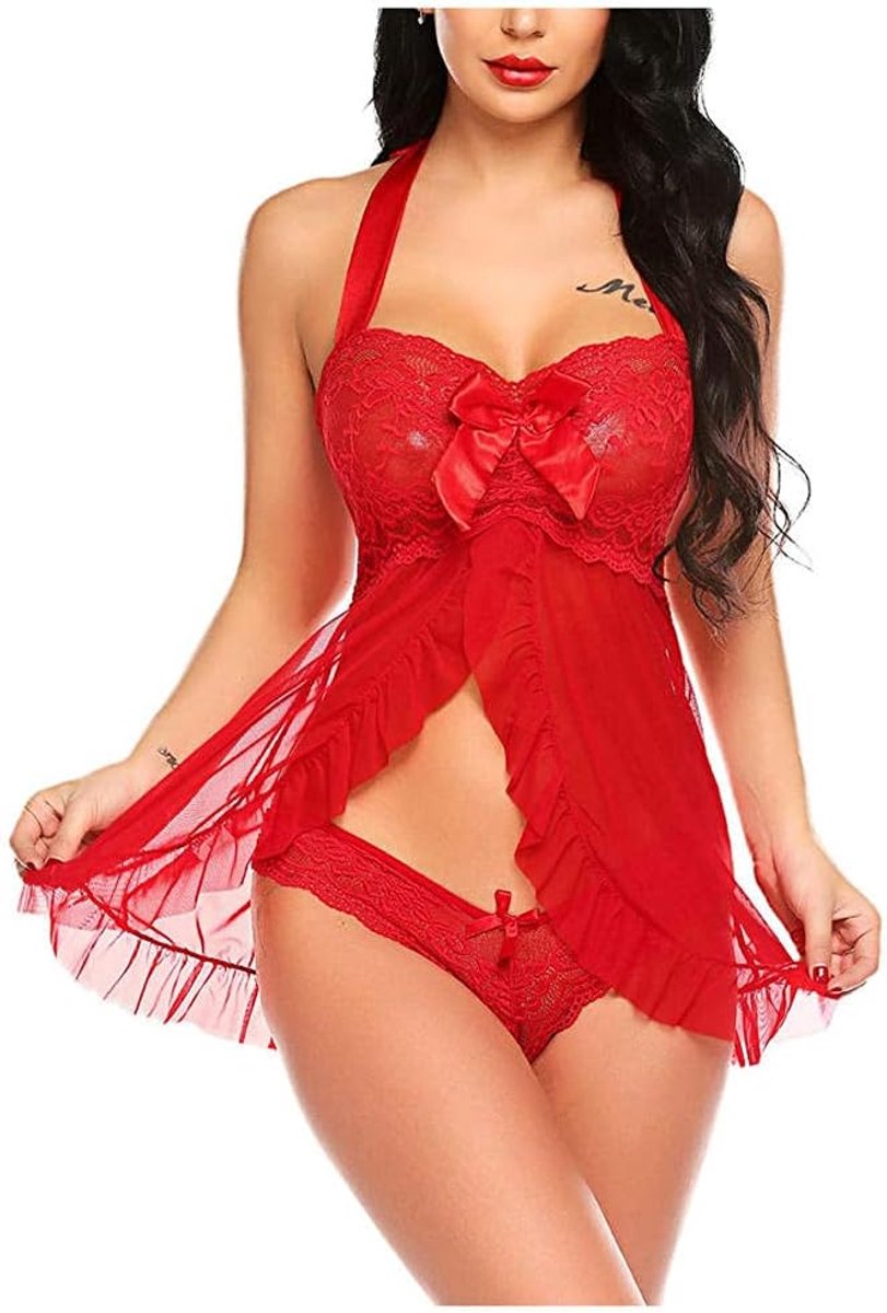 Dames sexy vrouwelijk ondergoed doorzichtige kanten lingerie v diepe halterkostuumsstrikjurken set-red_XL