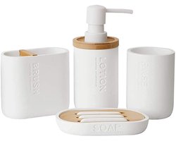 Zhanwang Zeepdispenser set bamboe, inclusief decoratieve zeepschaal met hout- en bamboeaccessoires, tandenborstelhouder, en zeepdispenser (wit)