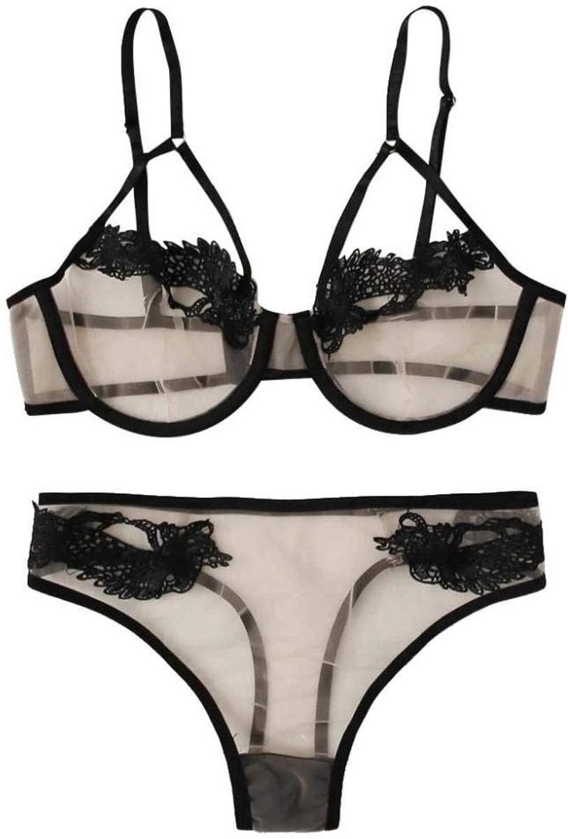 Dameskleding Sexy Lingerie Sexy Transparant Kanten Ondergoed Open Bh Slip Vrouwelijke Hollow Set-Gris_S