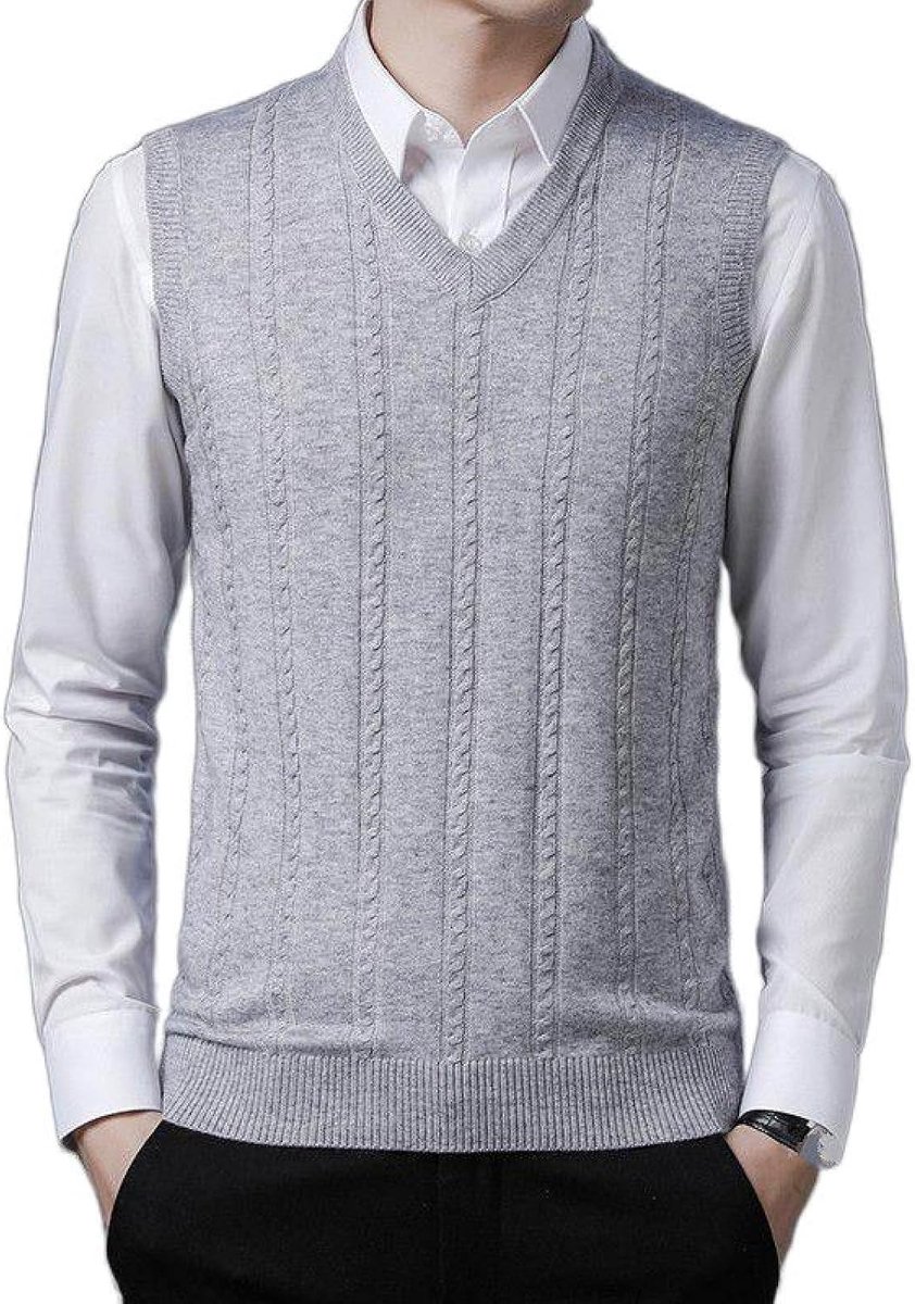 Kasjmier Vest Met V-Hals, Winter Effen Kleur Geribde Zoom Jacquard Mouwloos Gebreid Vest Pullover Trui Vest, Klassiek Zakelijk Heren Gebreide Vest Trui Tanktops, Lichtgrijs, S