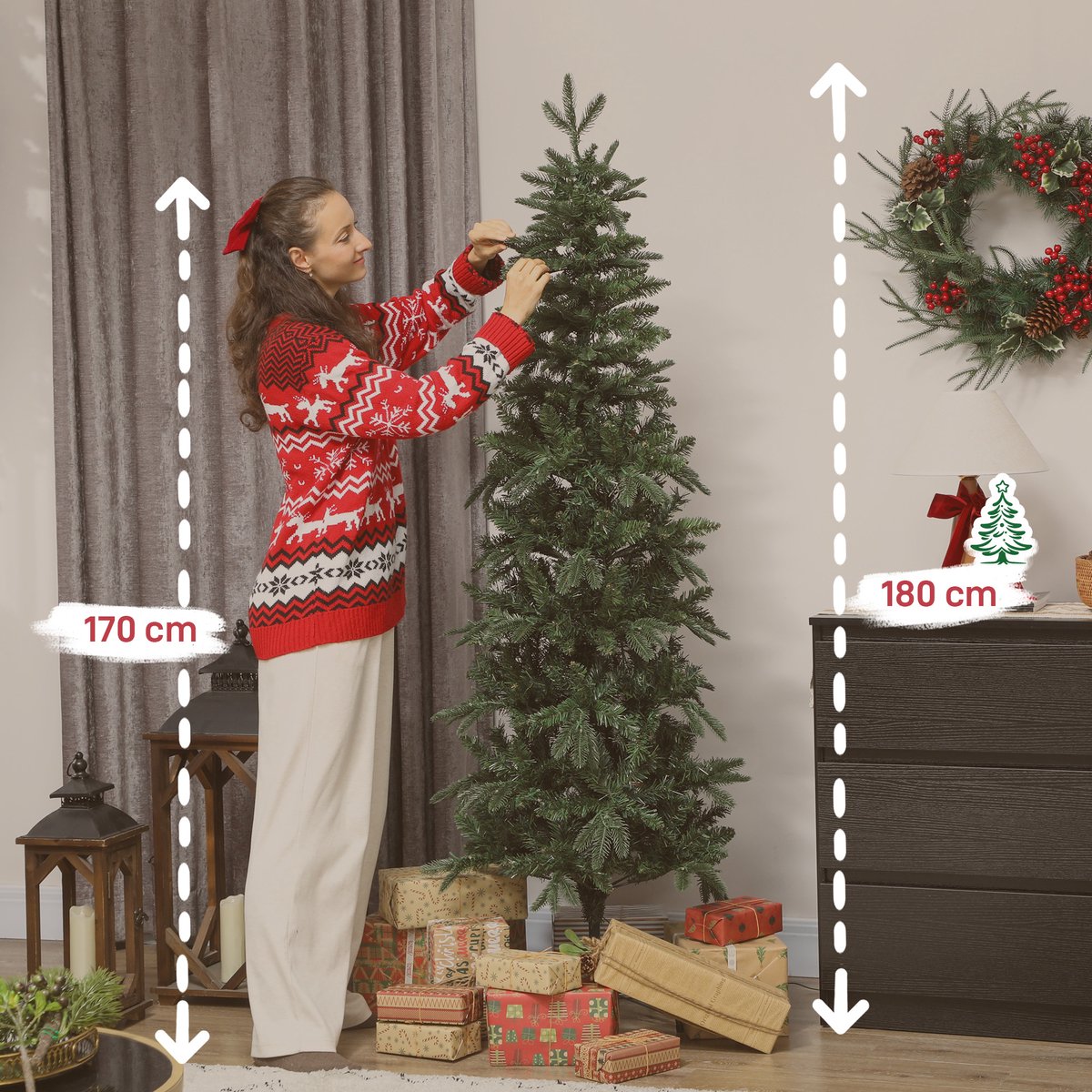 Smalle kunstkerstboom - 180 cm - 200 LED - 605 takpunten - 8 lichtstanden - scharnierconstructie - groen - voor kleine ruimtes – foto 8