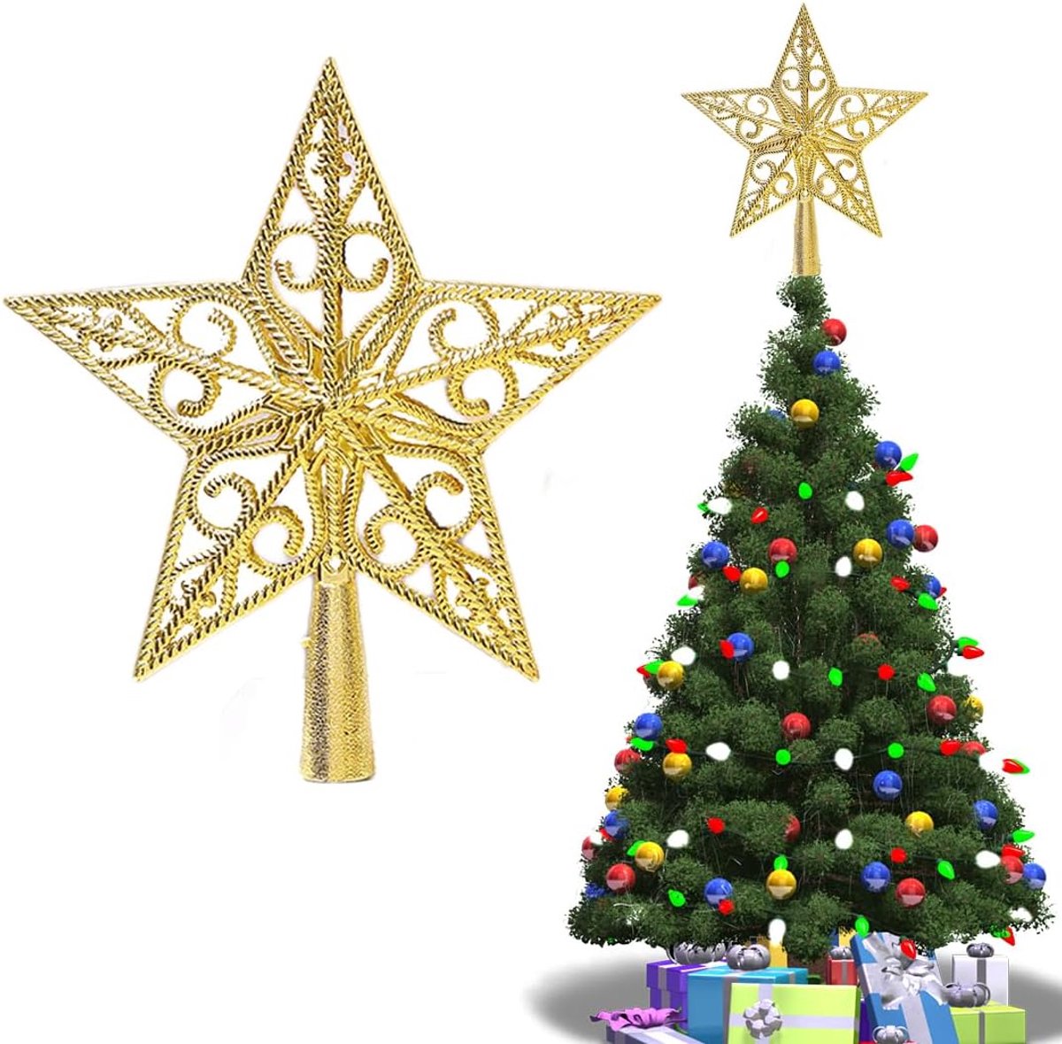 Kerstboompiek van kunststof, kerstboompiek, ster, ster, kerstboompiek, ster, kerstboompiek, voor Kerstmis, feest, thuis, 20 cm, goud
