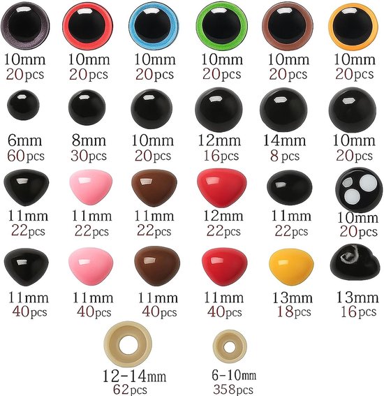 Ogen en neuzen, 6-14 mm veiligheidsogen voor haakdieren, Amigurumi poppenogen en veiligheidsneuzen met sluitringen, kleurrijke en zwarte ogen voor doe-het-zelf — afbeelding 4