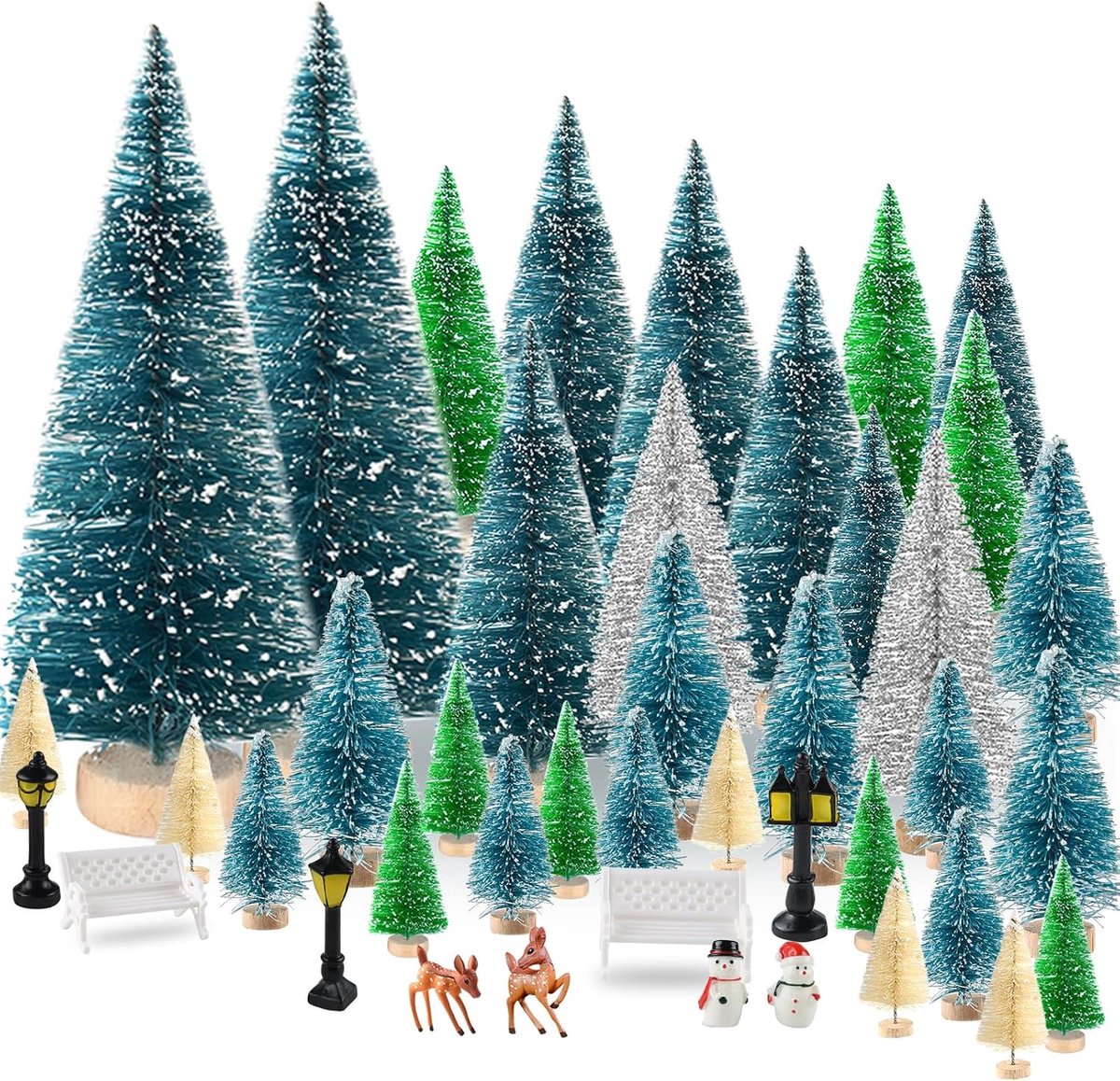 Kerstboom 35 Stuks Kerstdorp Sets met Kerst Ambachten Rendier Sneeuwmannen Banken Straatlantaarn voor Kerstversiering Indoor Party Thuis Tafel Craft (Multicolor)