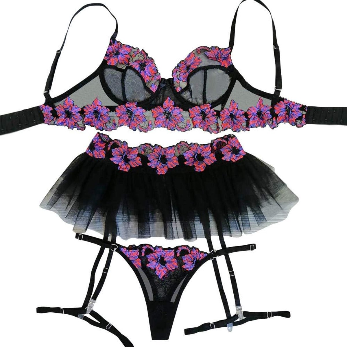 Dames Sexy Lingerie Vrouwen Perspectief Kant Erotische Lingerie Porno Ondergoed Beha G-String Kousenband Nachtkleding Embroidery-Black_L